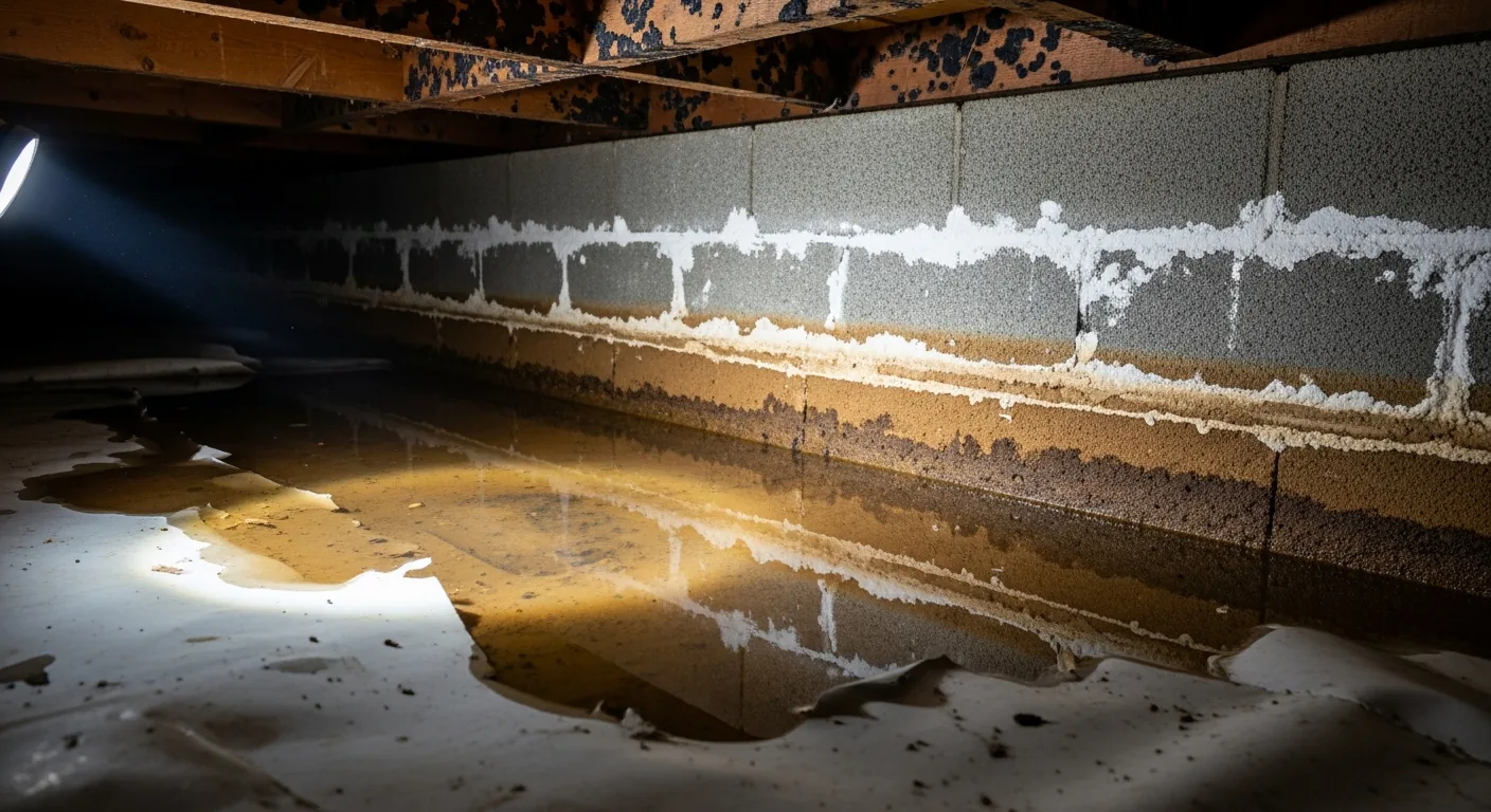Several inches of brown-tinted standing water pooled on a torn white vapor barrier in a crawl space, with white efflorescence mineral deposits and tide marks on the concrete block foundation wall behind it