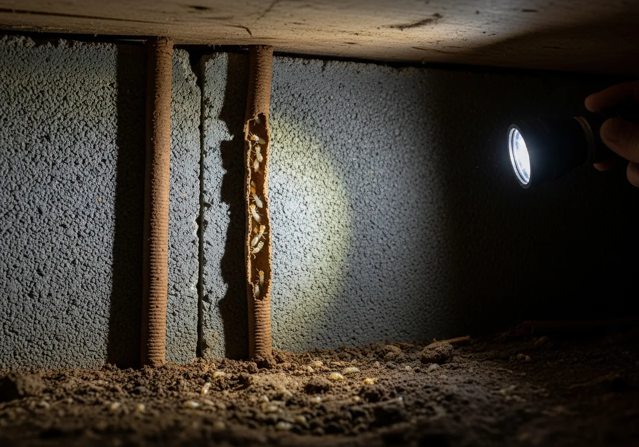 Two vertical pencil-thin brown subterranean termite mud tubes running up a gray concrete block foundation wall from the dirt floor to wooden sill plate in a crawl space, with one tube partially broken open