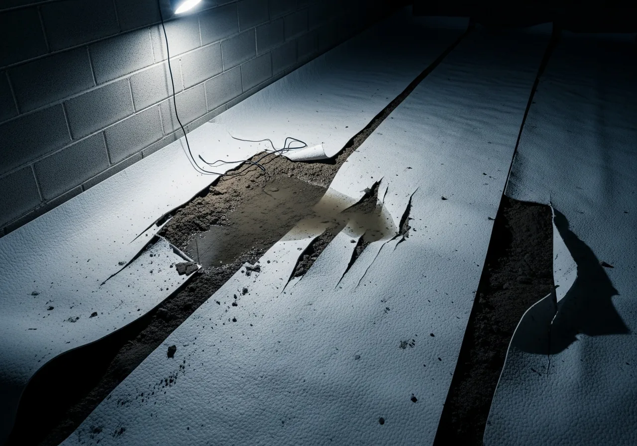 White polyethylene vapor barrier torn and separated at multiple seams in a crawl space, exposing dark brown soil beneath and with water pooling in one low spot on top of the barrier