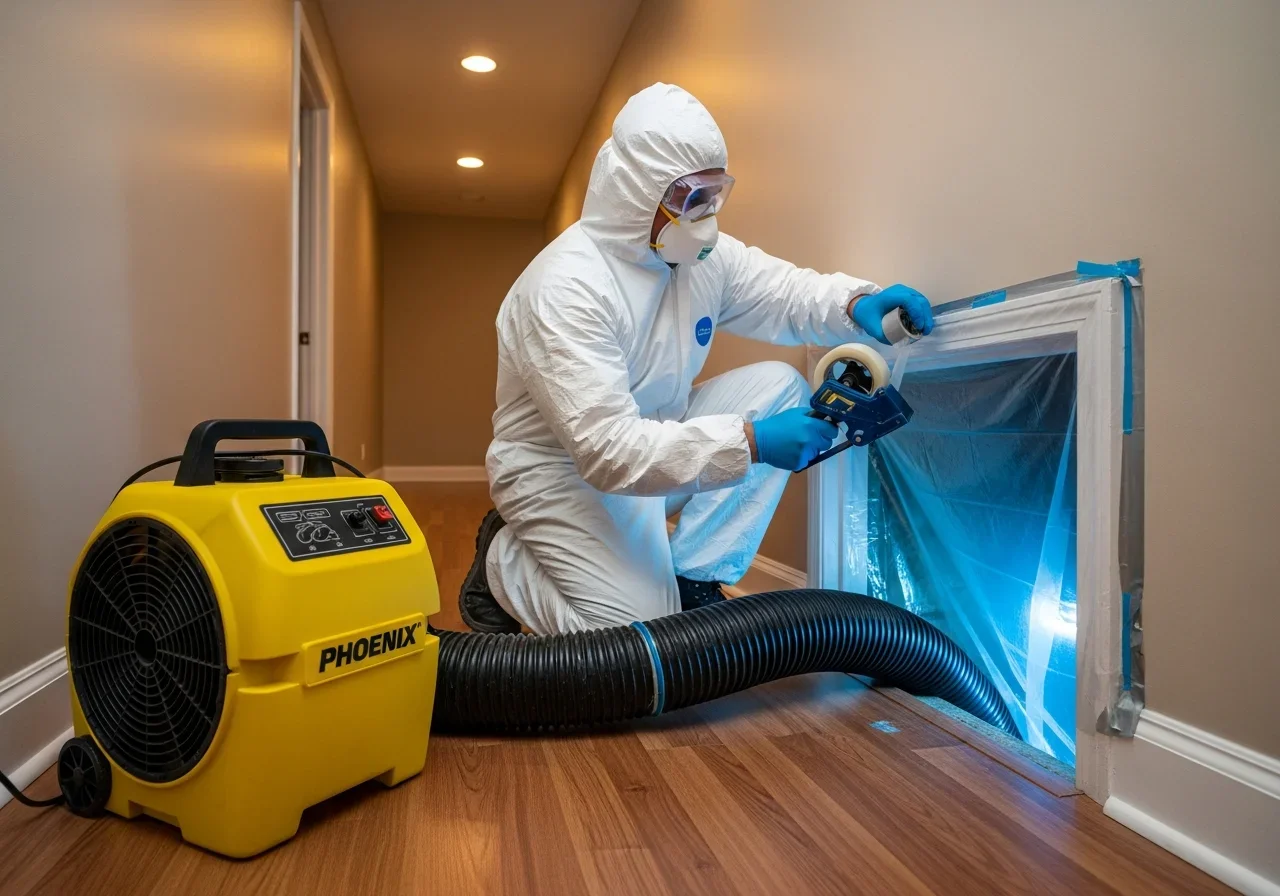 Restoration technician in white Tyvek suit taping polyethylene containment sheeting around a crawl space access door with a HEPA air scrubber running