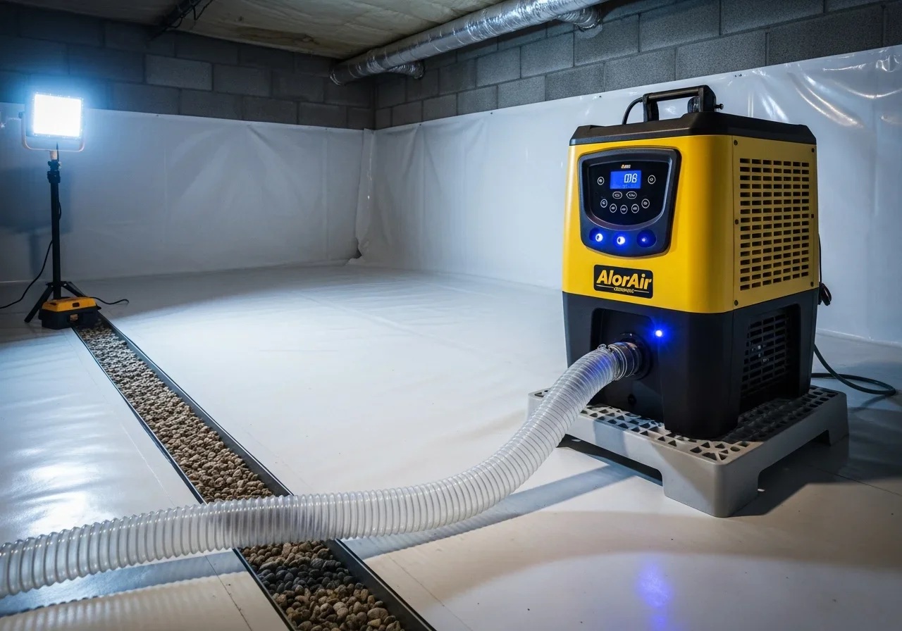 Yellow and black commercial crawl space dehumidifier on a raised platform above a white vapor barrier with a condensate drain hose
