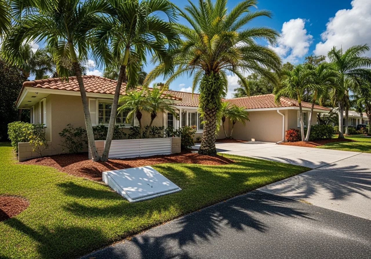 Exterior of a 1970s Florida ranch home with stucco walls, tile roof, palm trees, and a vented crawl space access panel visible at the foundation line