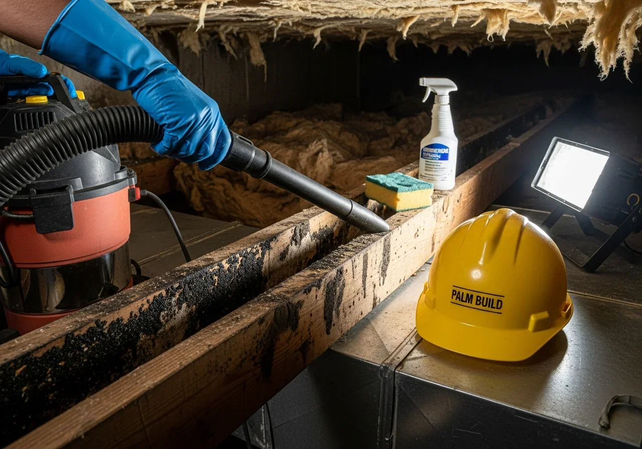 Gloved hand using a HEPA-filtered commercial vacuum to clean mold from a wood floor joist next to a Palm Build hard hat
