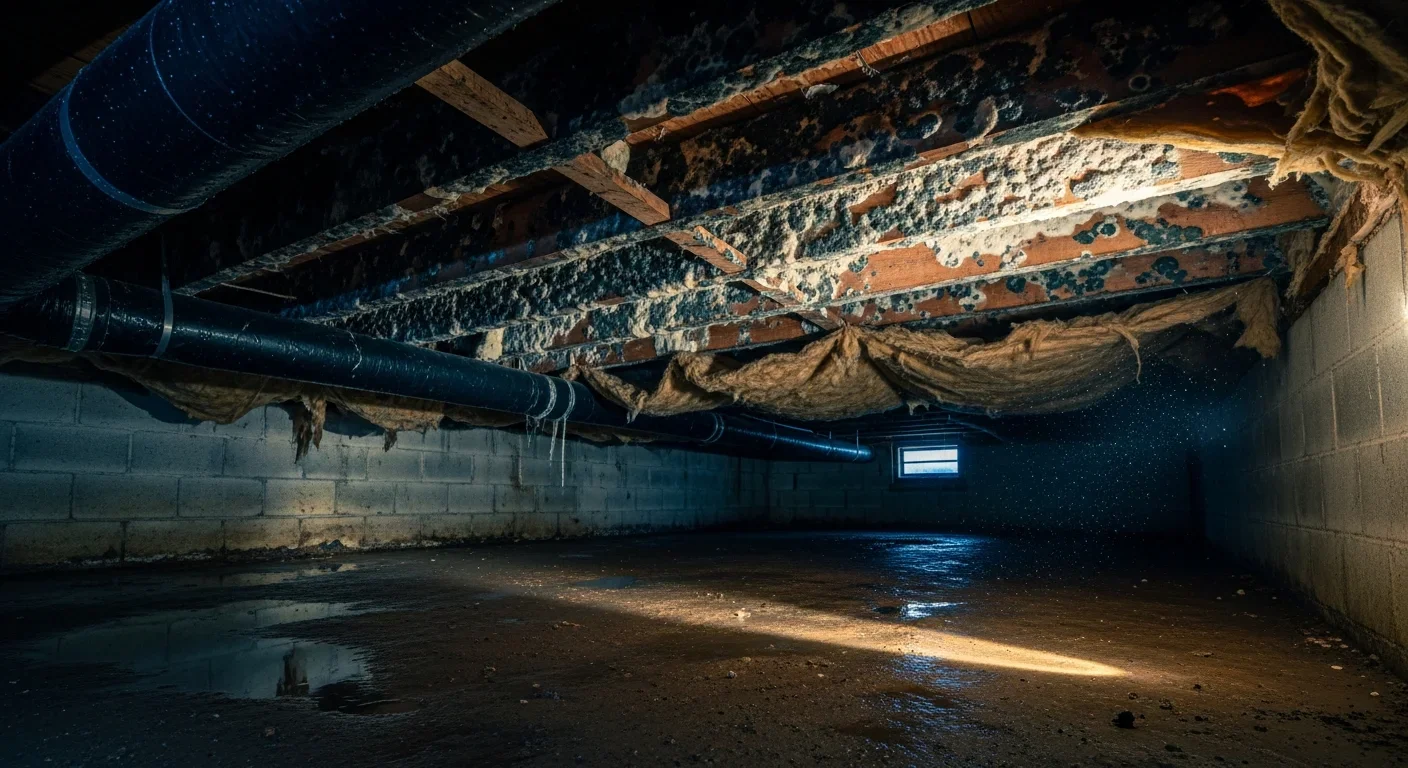 Severe black and grey-green mold growth on exposed wood floor joists and sagging fiberglass insulation inside a residential crawl space, lit by a single flashlight beam