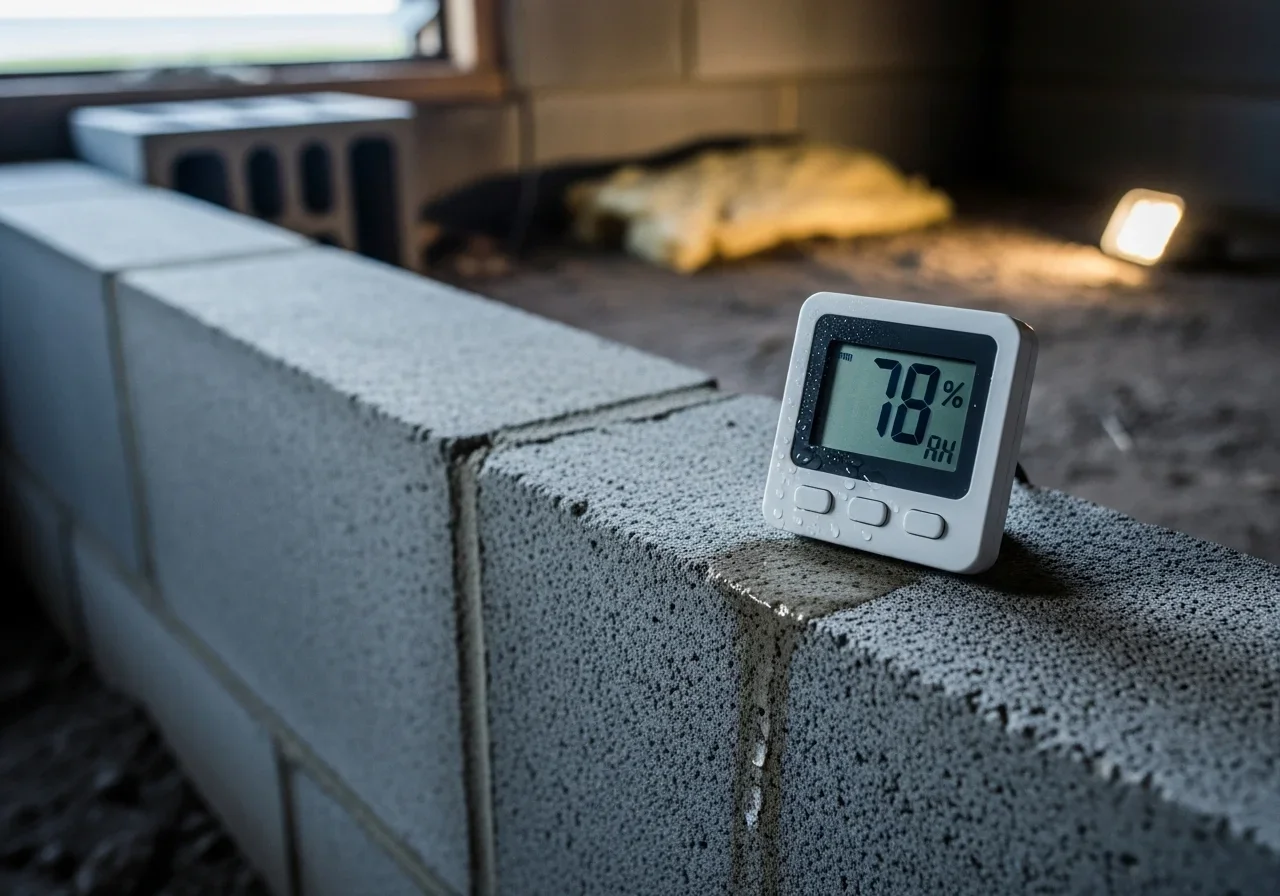 Digital hygrometer sitting on a concrete block foundation wall in a crawl space displaying 78% relative humidity