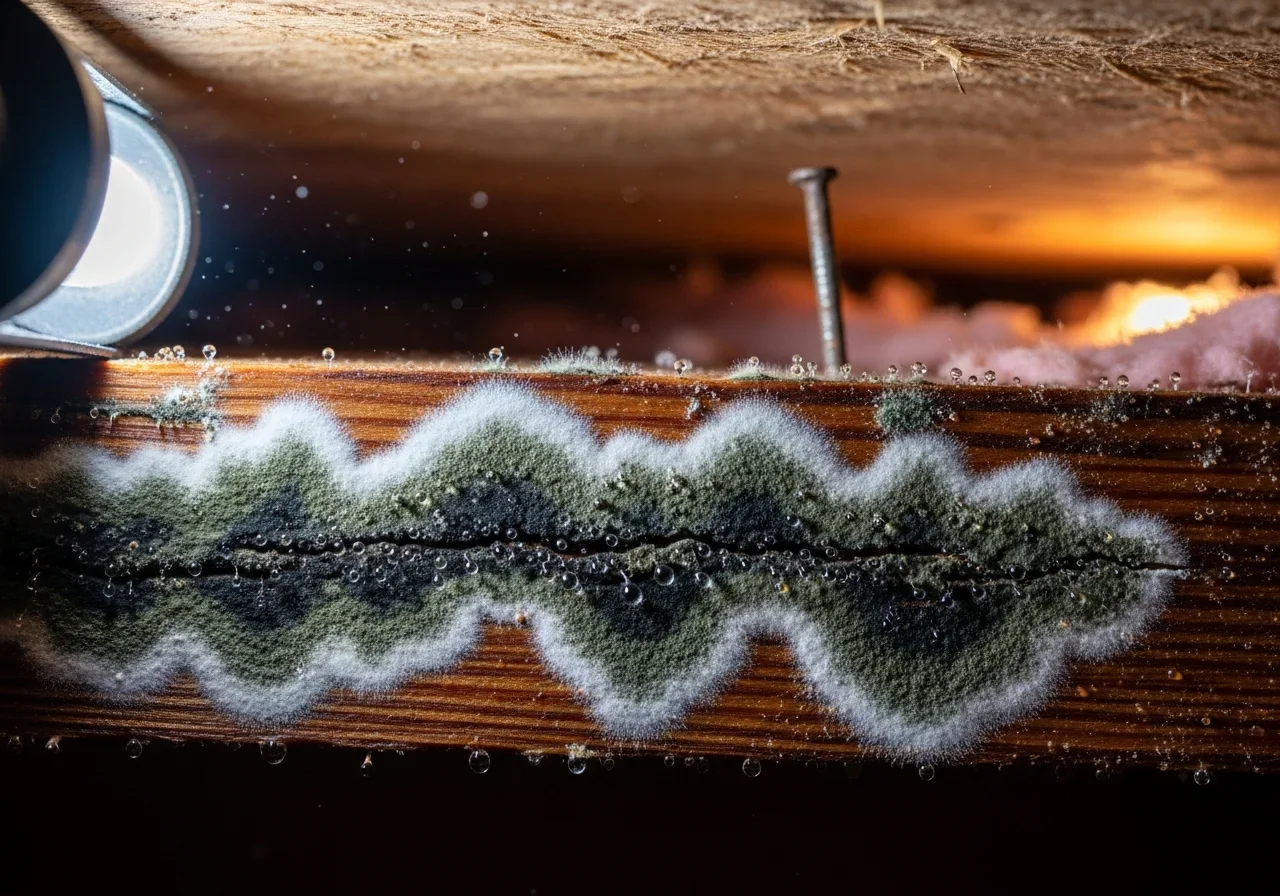 Macro close-up of black and white fuzzy mold colonies growing on the grain of a wood floor joist with visible moisture droplets