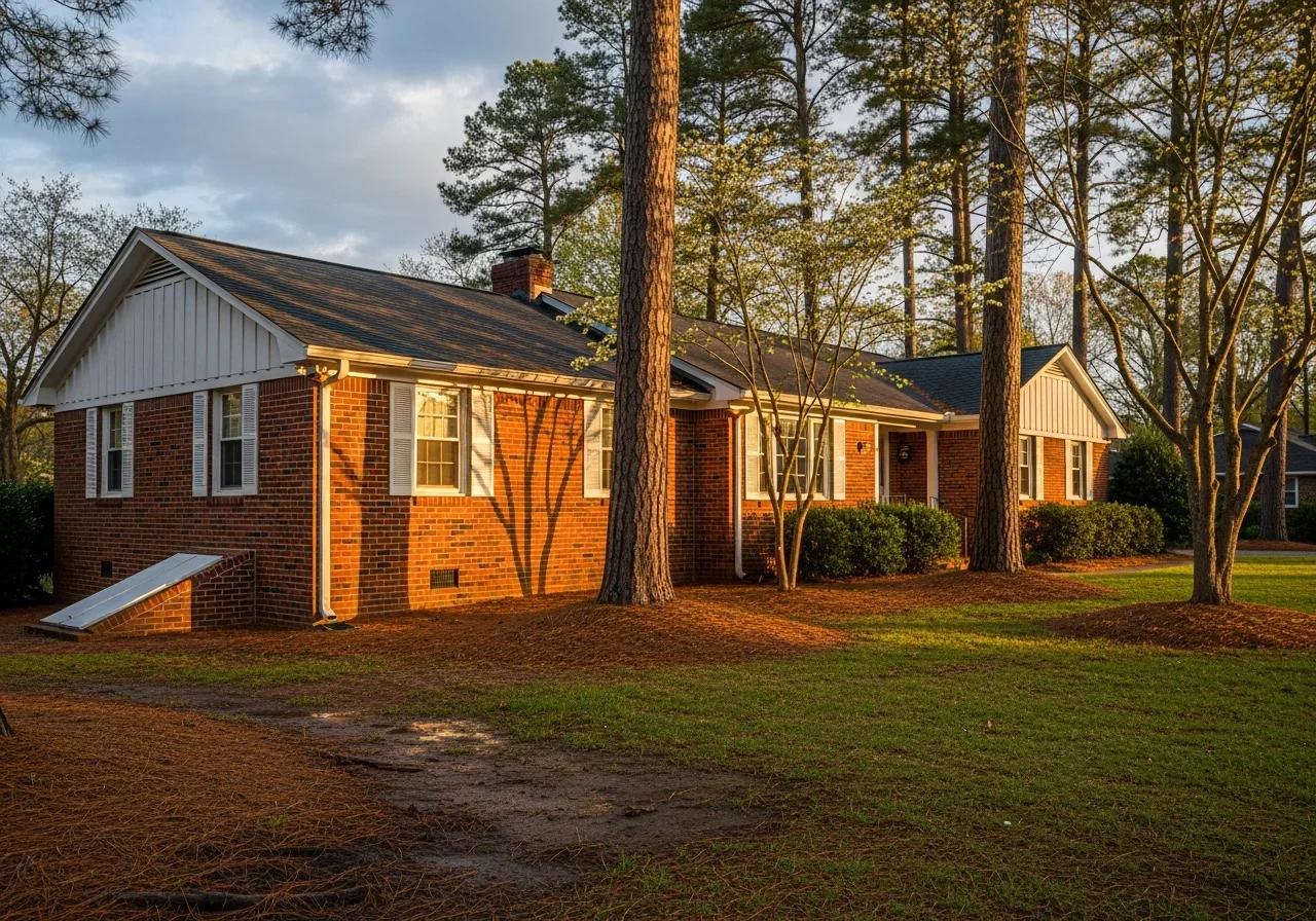 Exterior of a 1990s North Carolina brick ranch home with pine trees and a vented crawl space access panel after a recent rain