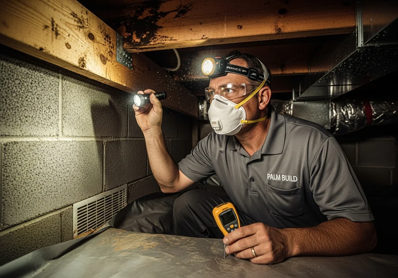 Palm Build technician in N95 respirator and headlamp inspecting a moldy floor joist with a moisture meter inside a Florida crawl space
