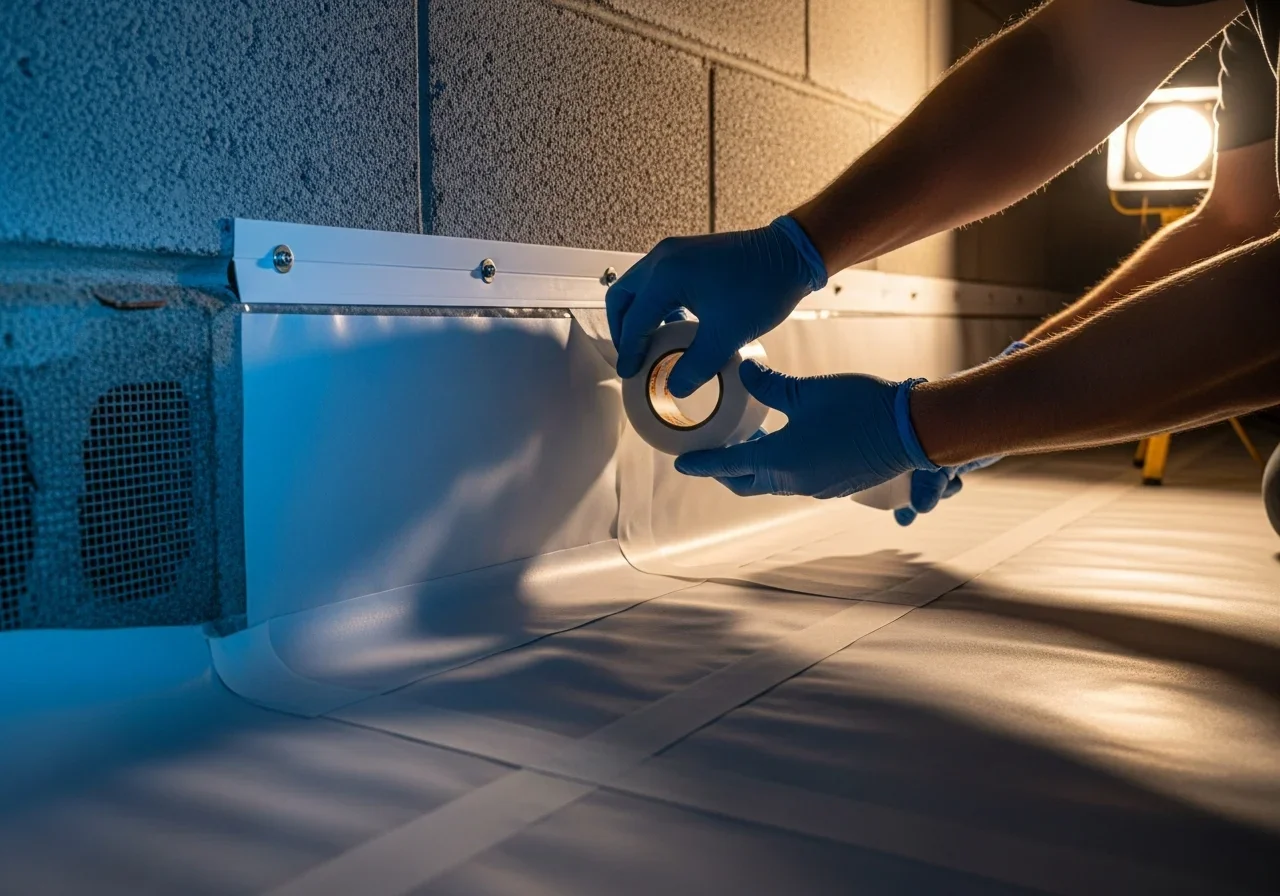 Hands in blue nitrile gloves taping a 20 mil white vapor barrier along the base of a concrete block foundation wall during crawl space encapsulation