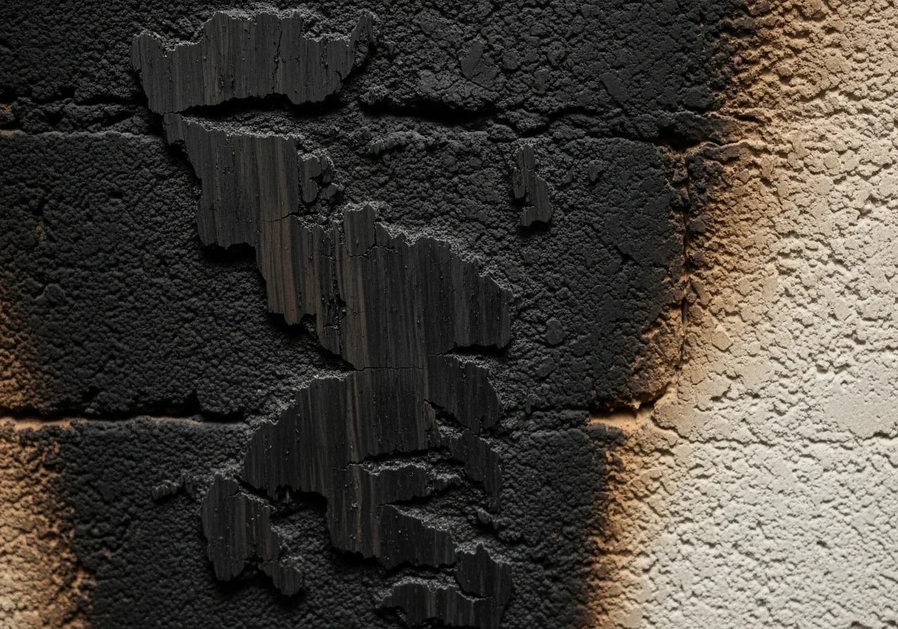 Close-up macro photograph of thick black soot and smoke residue deeply embedded in textured stucco over CBS concrete block interior wall with visible discoloration depth