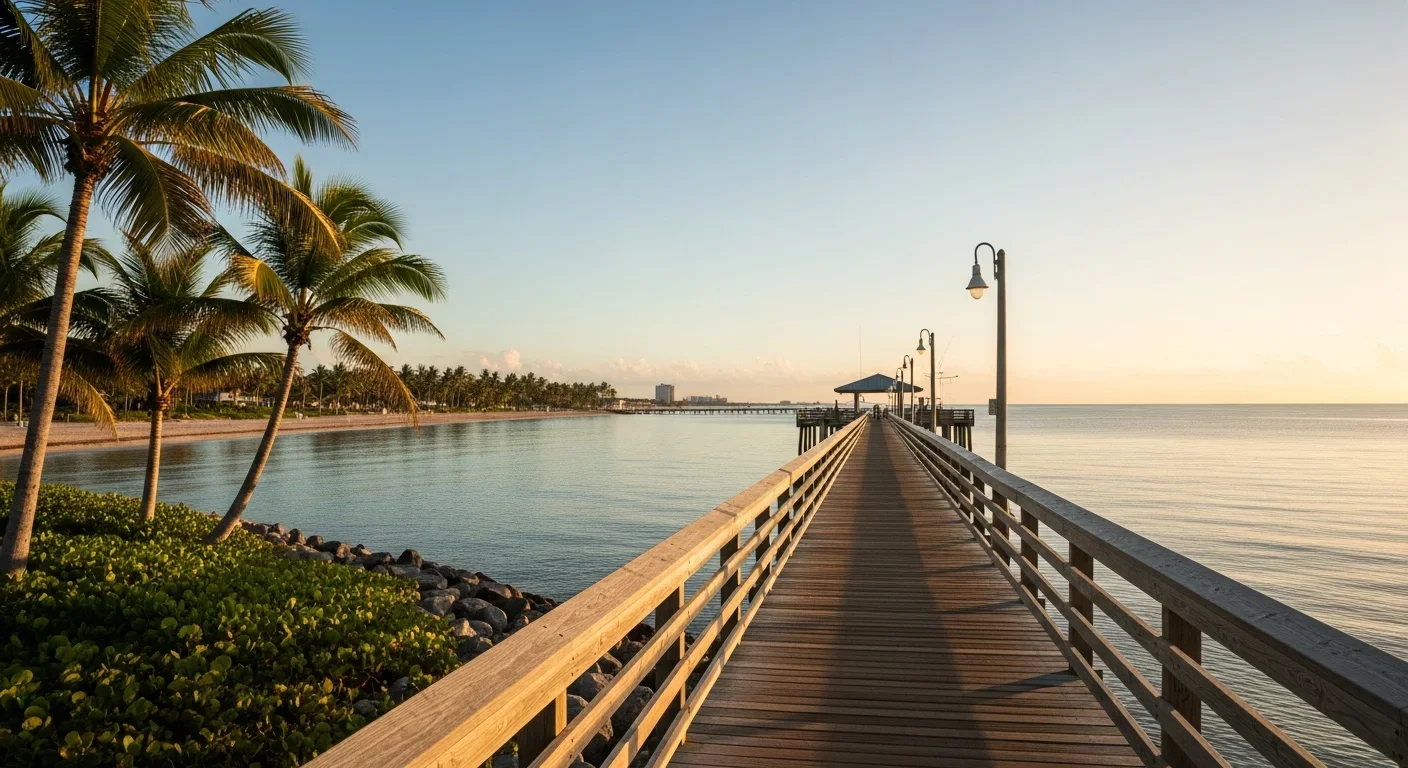 Deerfield Beach International Fishing Pier extending into the Atlantic Ocean at dawn, with the coastline stretching south toward Pompano Beach and sabal palms framing the shore