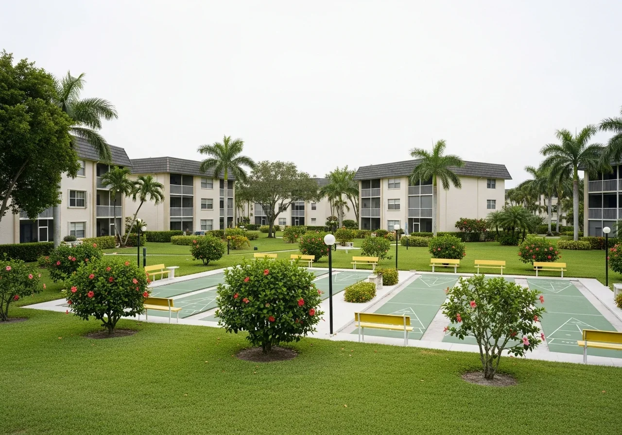 Exterior of Century Village East 55+ condo community in Deerfield Beach with mid-rise beige stucco buildings, manicured lawns and sabal palms