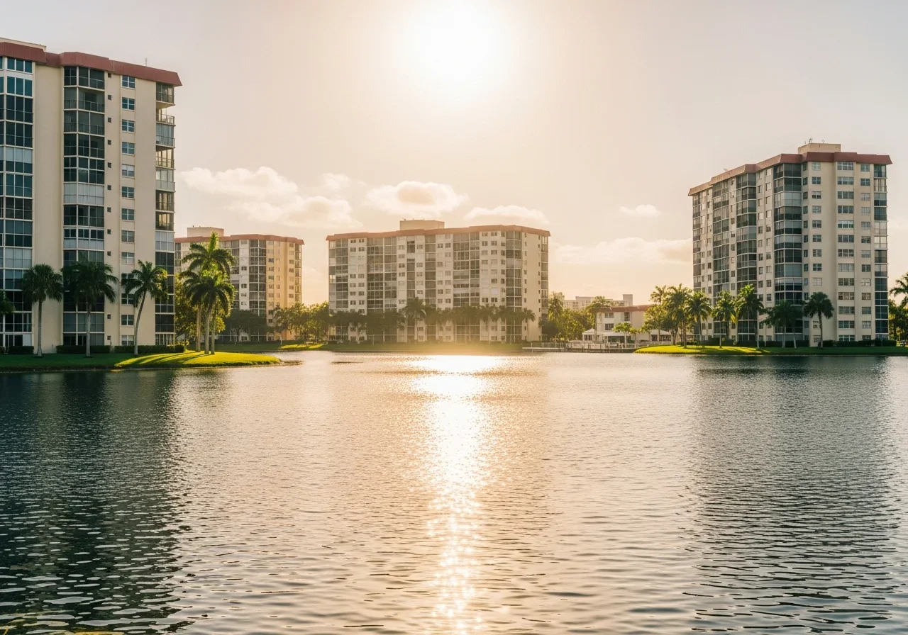 Crystal Lake mid-rise condominium buildings on the shore of Sailboat Lake in Deerfield Beach at golden hour with palm trees
