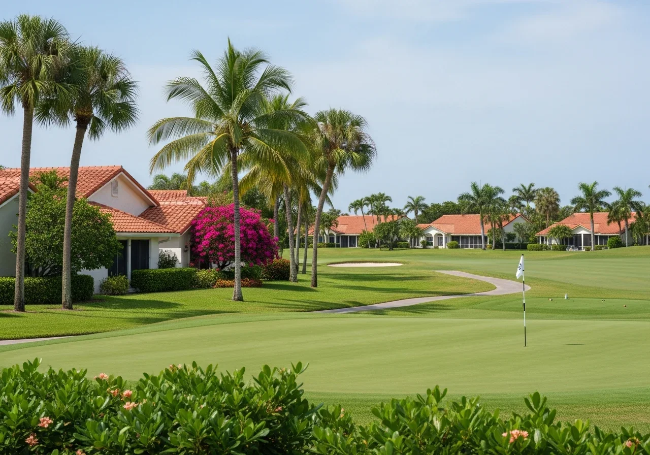 Deer Creek country club community in Deerfield Beach with golf-course-adjacent single-family villas, mature landscaping and Spanish-tile roofs