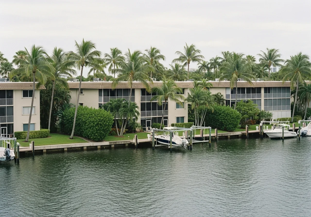 Hillsboro Cove 55+ riverfront condominium community in Deerfield Beach with aging flat-roof buildings alongside the Intracoastal Waterway