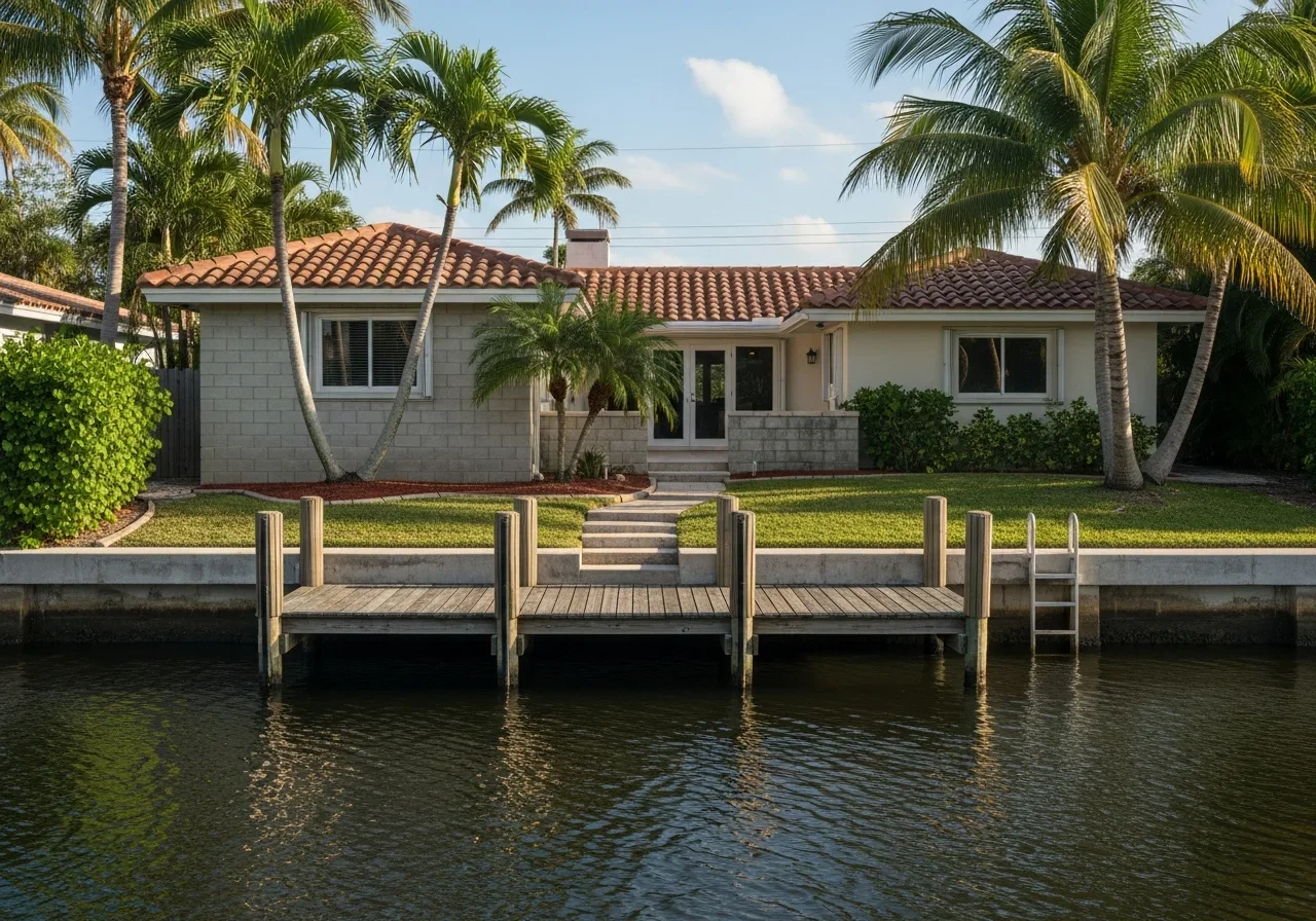 Canal-front single-family home in The Cove neighborhood of Deerfield Beach with CBS construction, barrel tile roof and a boat dock on the waterway