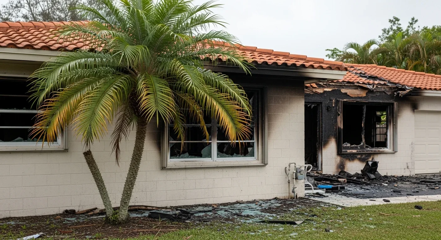 Deerfield Beach Florida CBS concrete block ranch home with visible fire and smoke damage to exterior stucco, broken windows, and sabal palms in foreground under overcast coastal sky