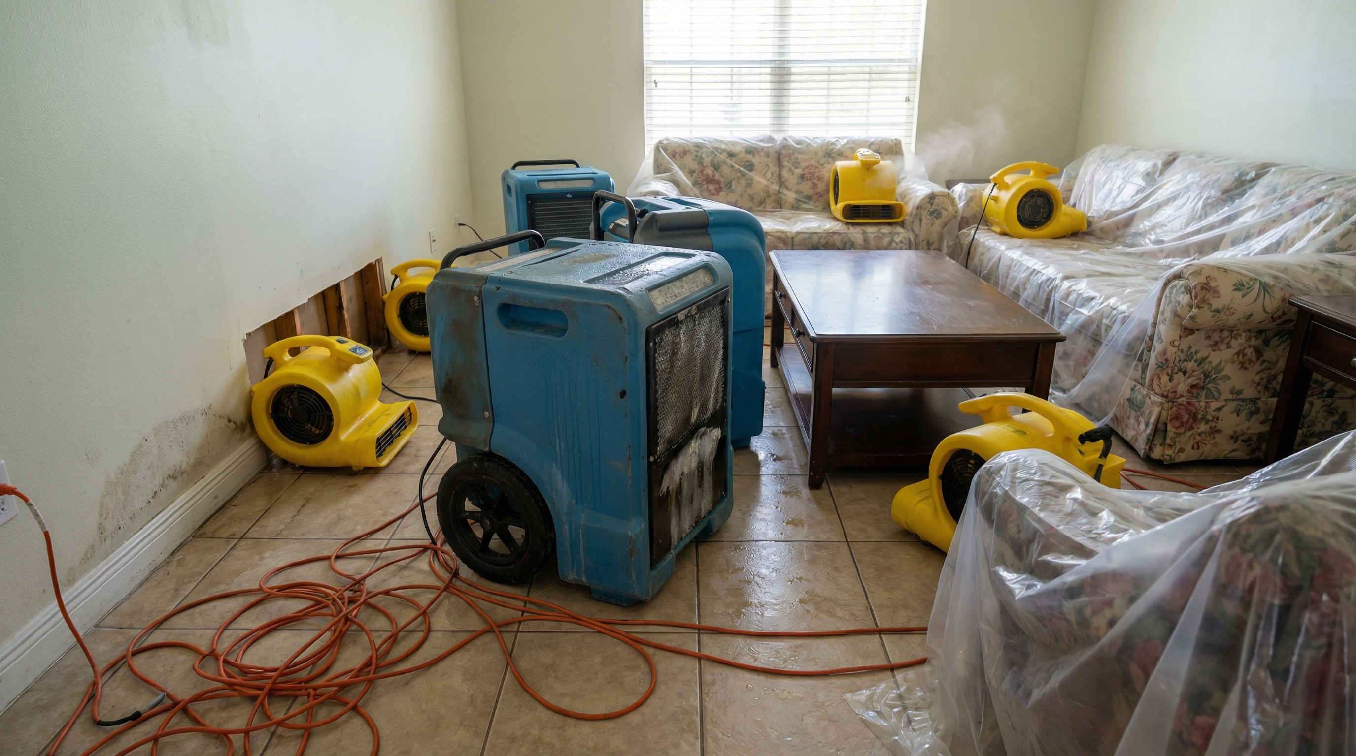 Commercial dehumidifiers and air movers strategically placed during water damage restoration in Florida home