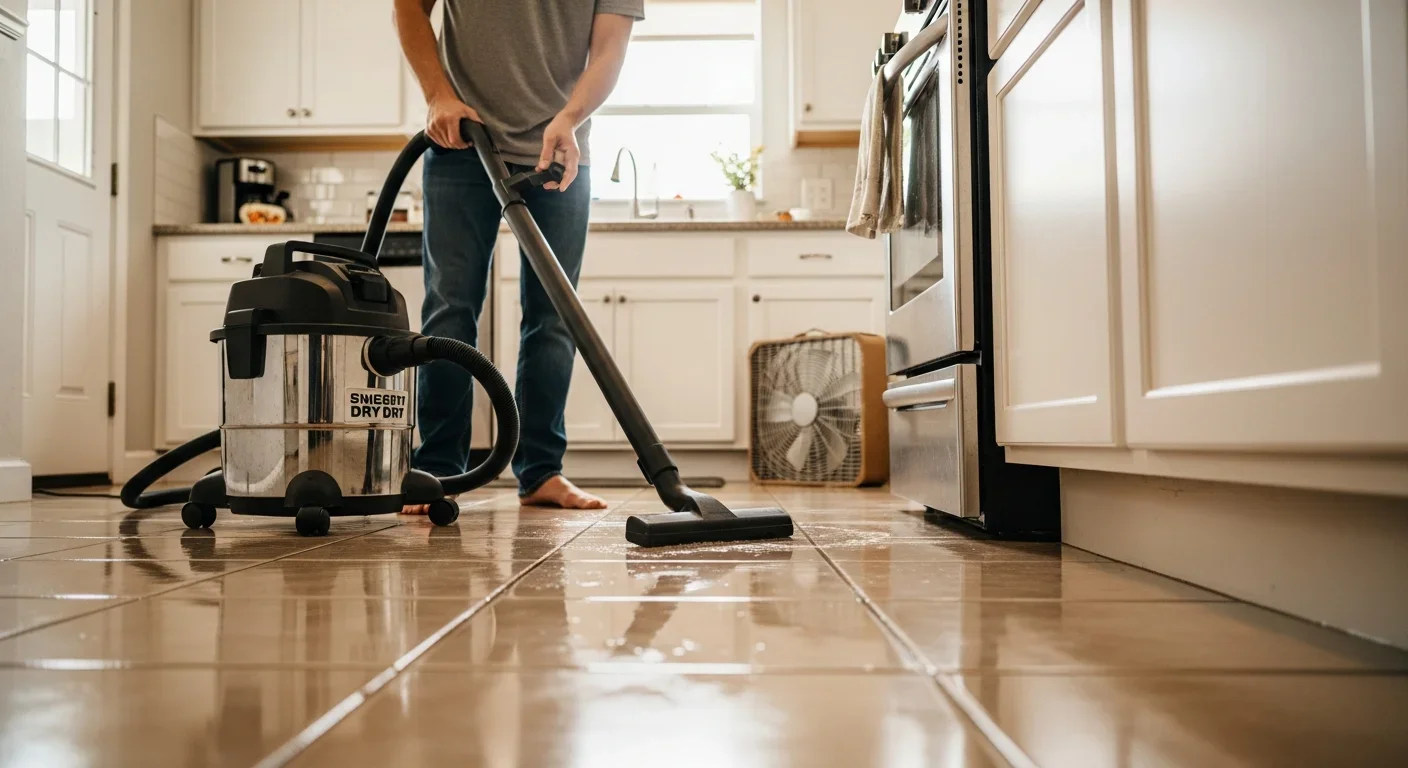 Homeowner using a shop vacuum to clean up a small clean-water spill on kitchen tile floor near the sink cabinet