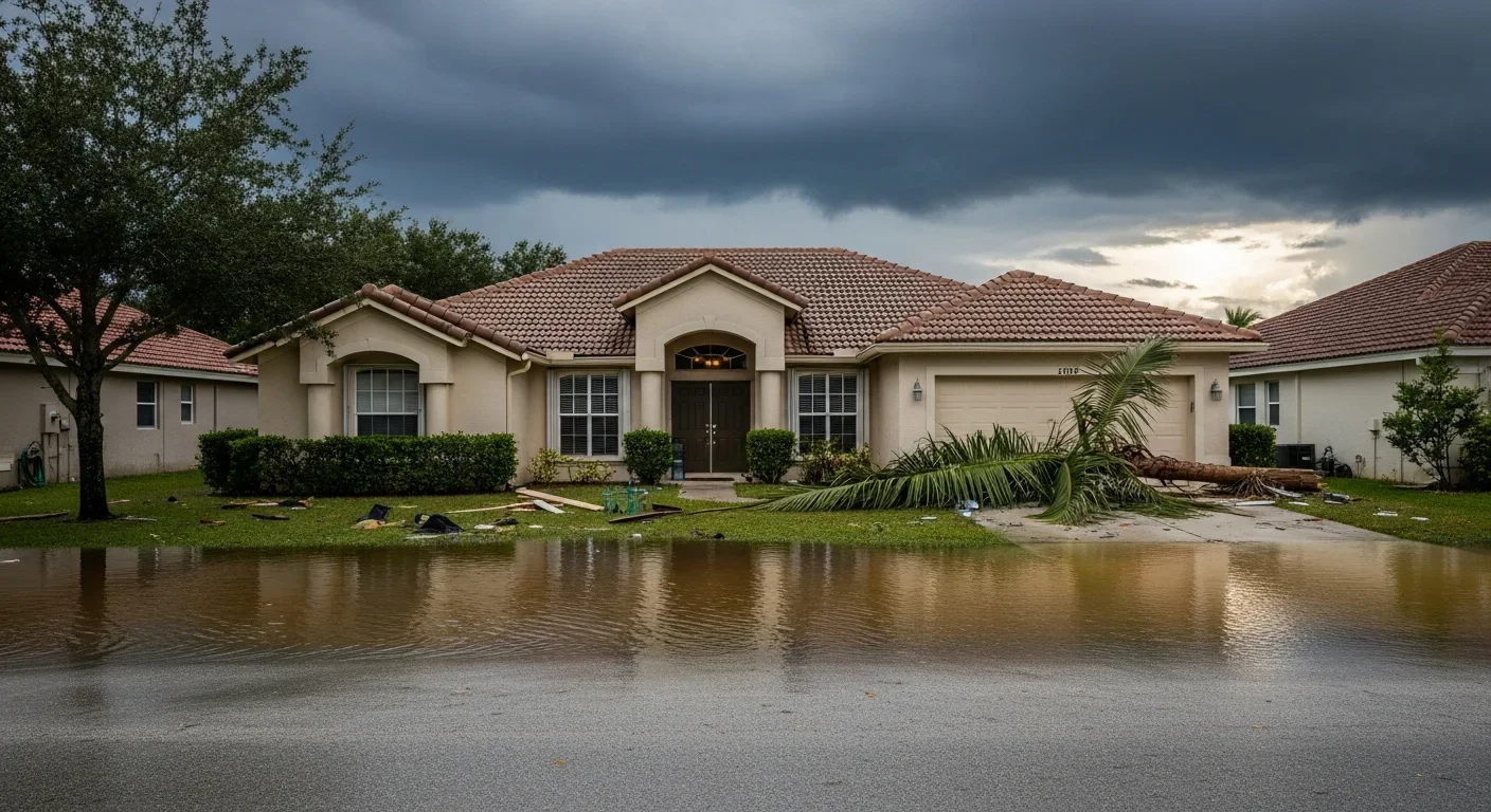 Florida suburban home exterior with storm floodwater covering the front yard and approaching the front door after a severe storm