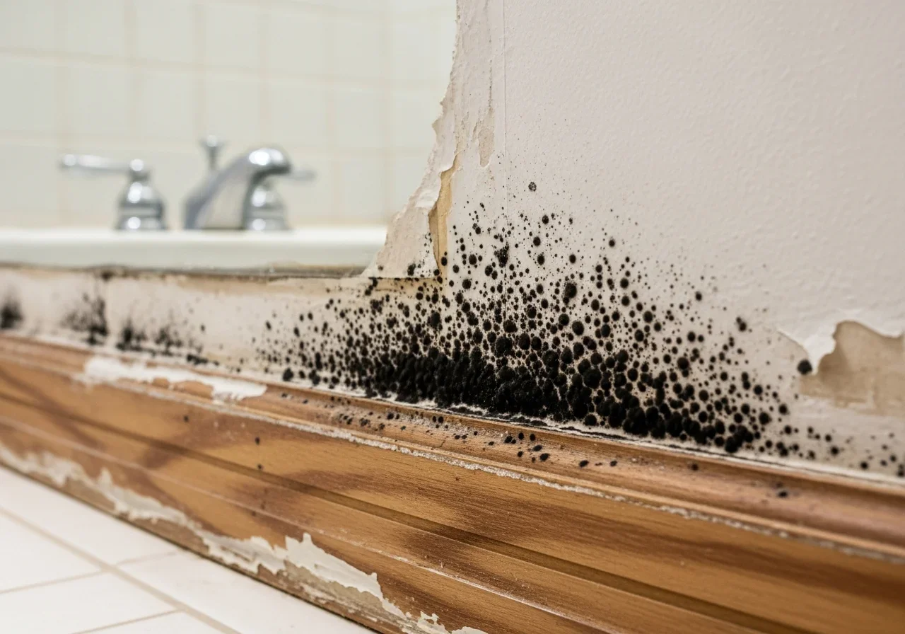 Close-up of black mold growth spreading on white drywall and wooden baseboards showing the result of water damage that was not dried quickly enough