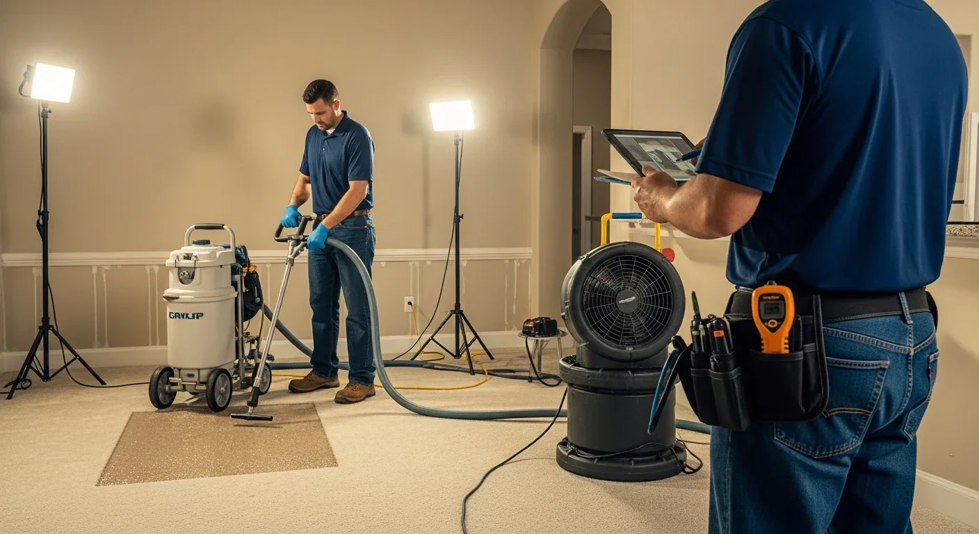 Professional restoration crew performing water extraction and documenting damage in a flooded living room with commercial equipment