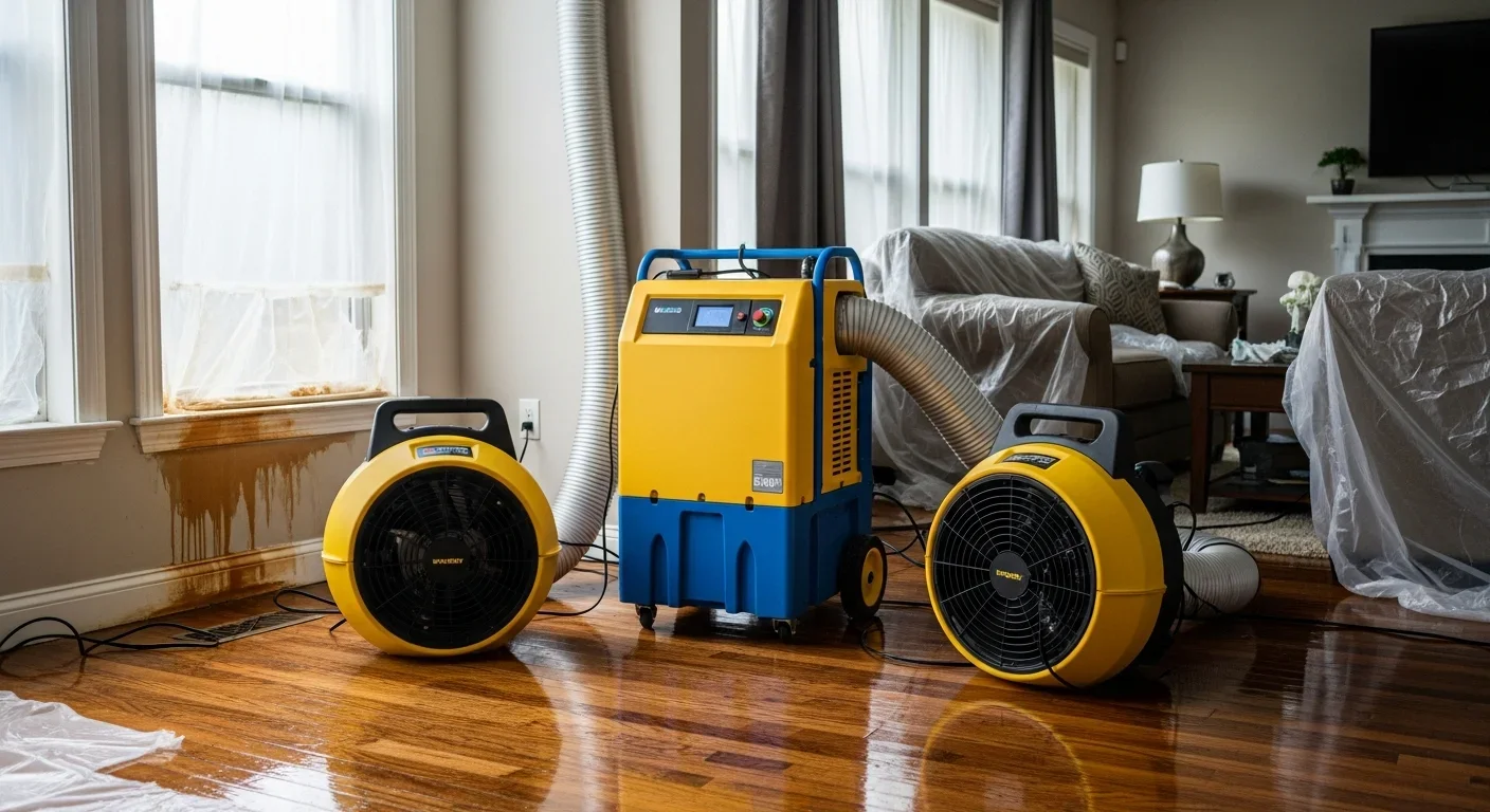 Commercial-grade dehumidifier and high-velocity air movers set up in a water-damaged living room with plastic sheeting containment