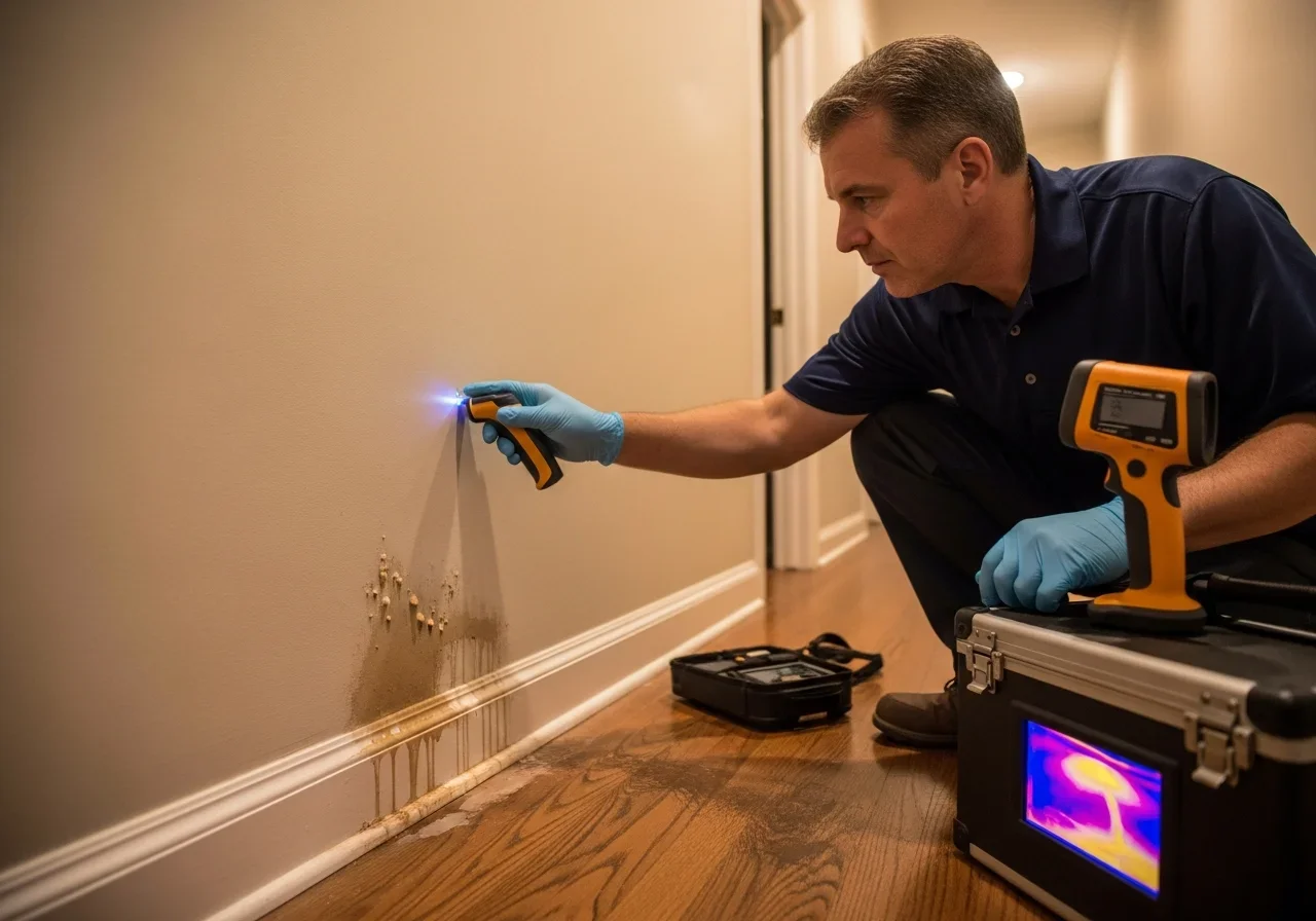 Restoration technician using a pin-type moisture meter on drywall to detect hidden water damage behind the wall surface