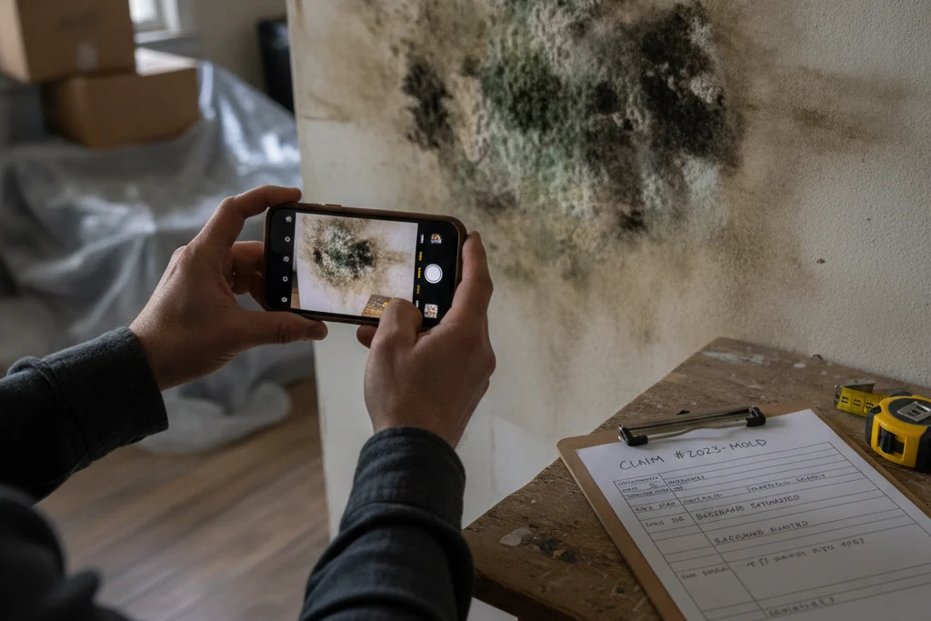 Homeowner photographing a mold-stained wall with a smartphone next to a clipboard with a moisture log for an insurance claim