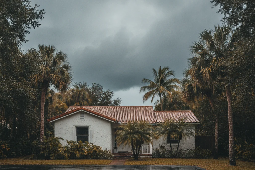 Single-story Florida home with tile roof and palm trees under dark hurricane-season storm clouds with a wet driveway