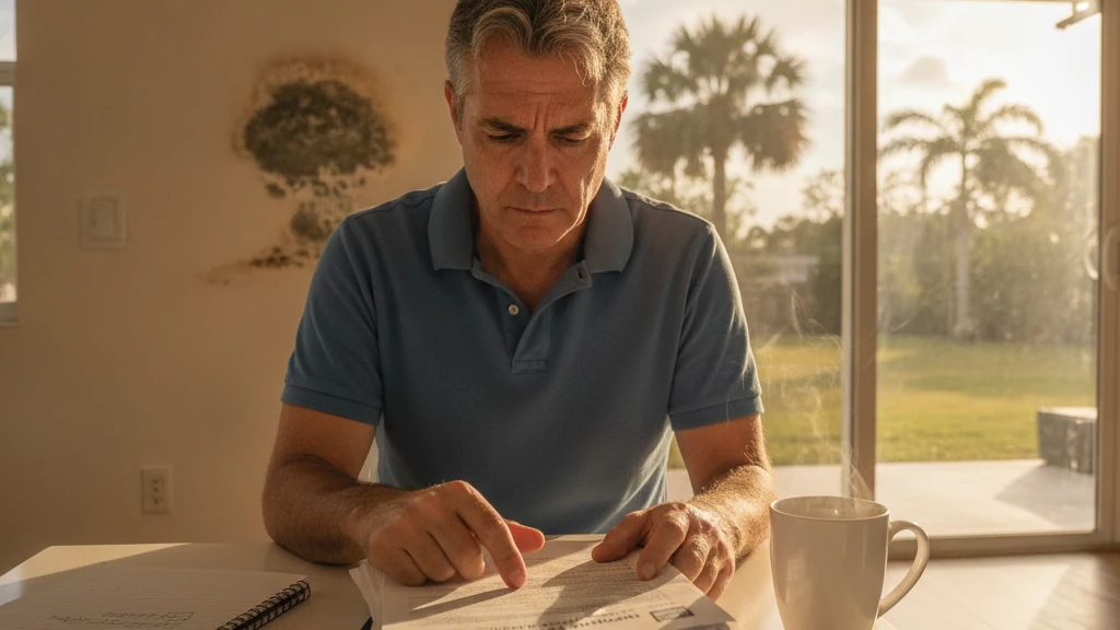 Worried homeowner at a Florida kitchen table reviewing a homeowners insurance policy with water-stained drywall and mold on the wall behind them