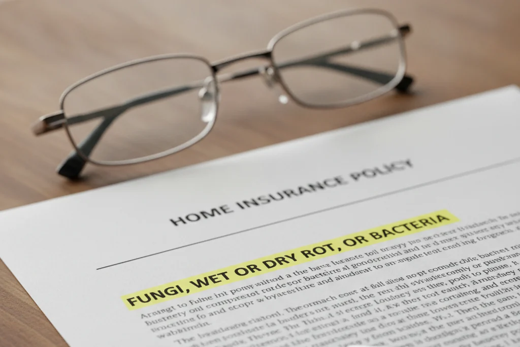 Close-up of a homeowners insurance policy with the FUNGI, WET OR DRY ROT clause highlighted in yellow, with reading glasses and a pen