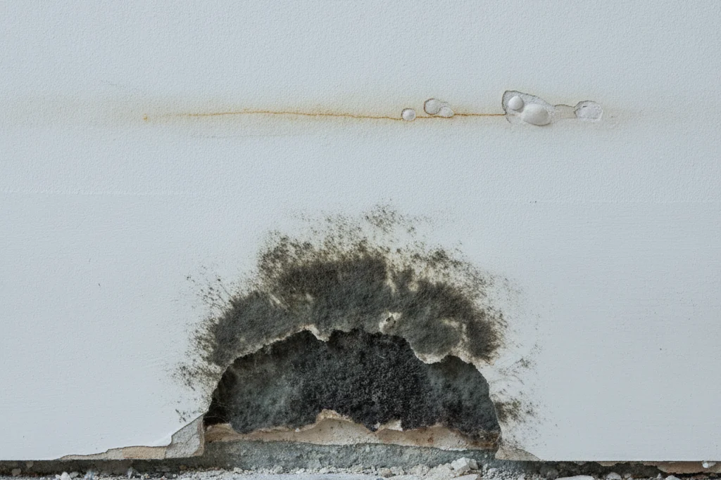 Black and green mold colony on drywall behind a removed baseboard with a visible water line from a burst pipe