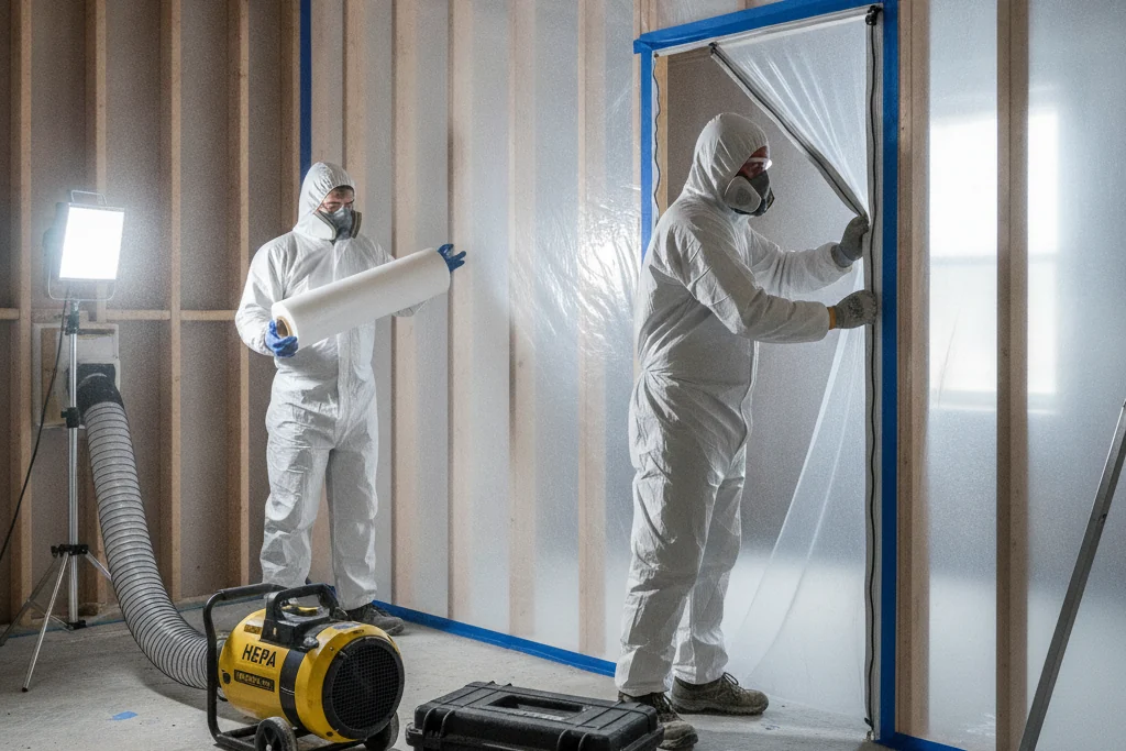 Palm Build technicians in PPE setting up plastic containment and a HEPA air scrubber during IICRC S520 mold remediation