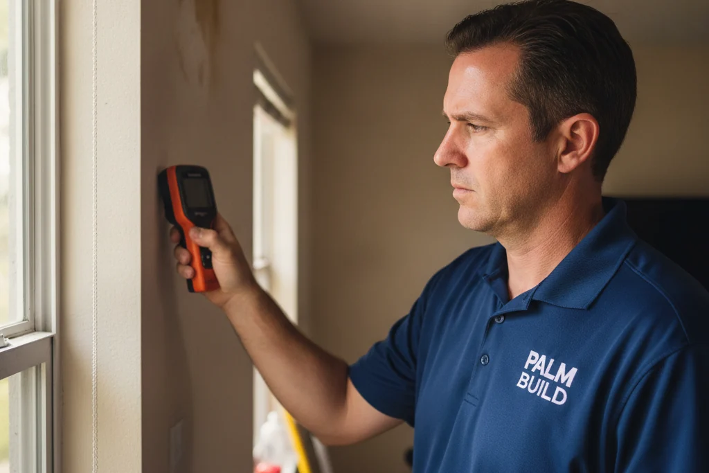 Palm Build technician in a branded navy polo using a moisture meter to assess a wall for mold in a Florida home