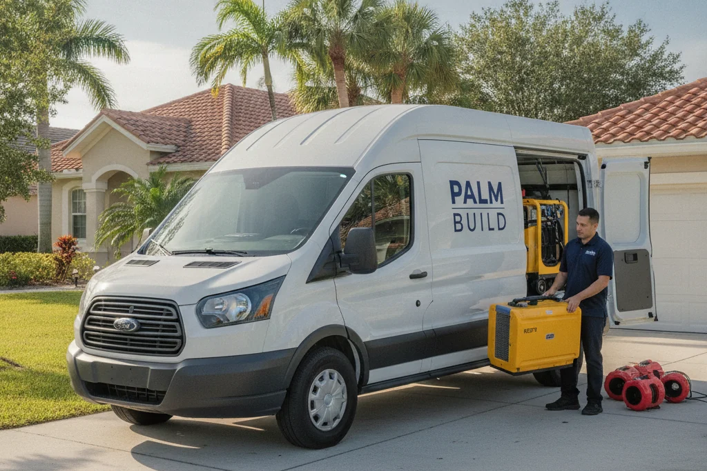 Palm Build branded work van and uniformed technician unloading drying equipment at a Florida home