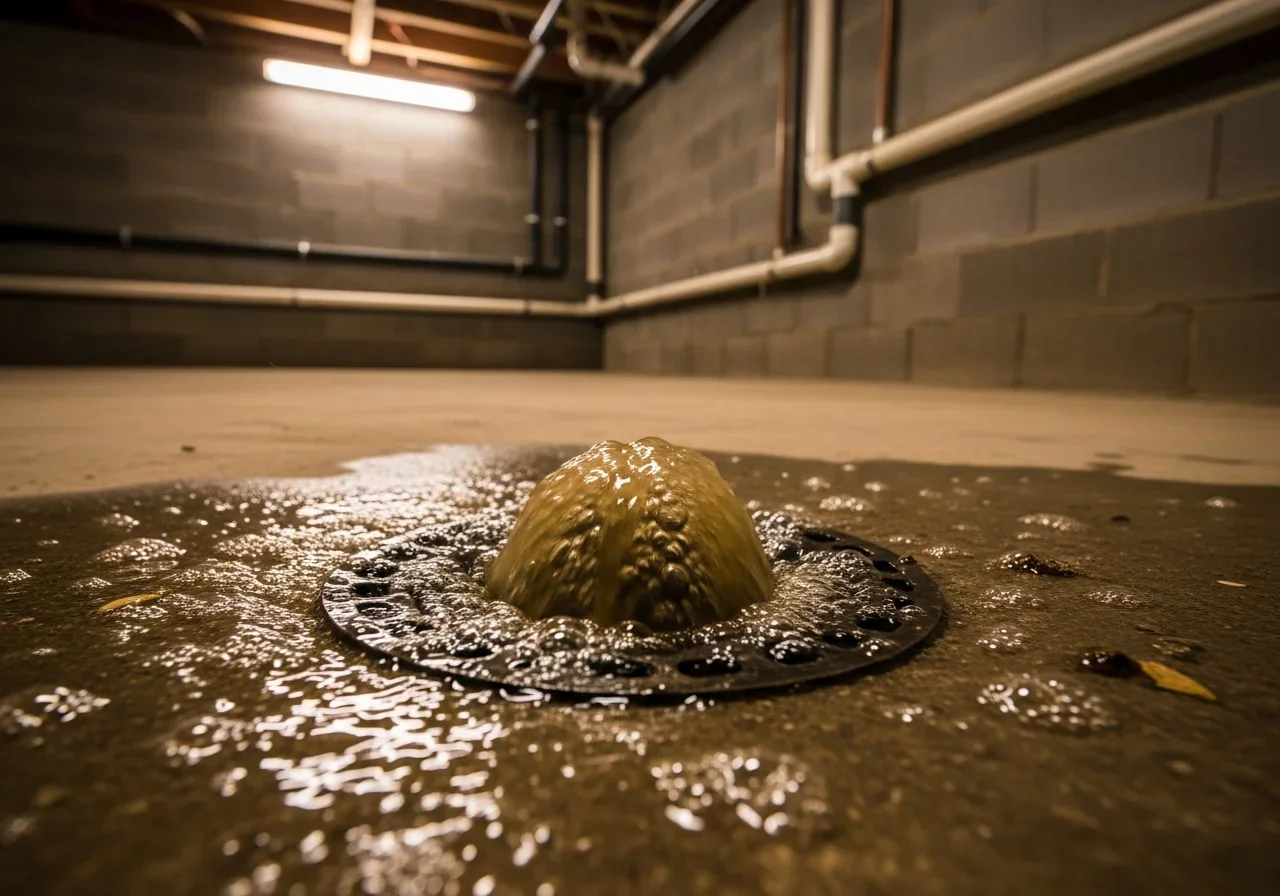 Sewer backup water coming up through a basement floor drain with dirty water spreading across concrete