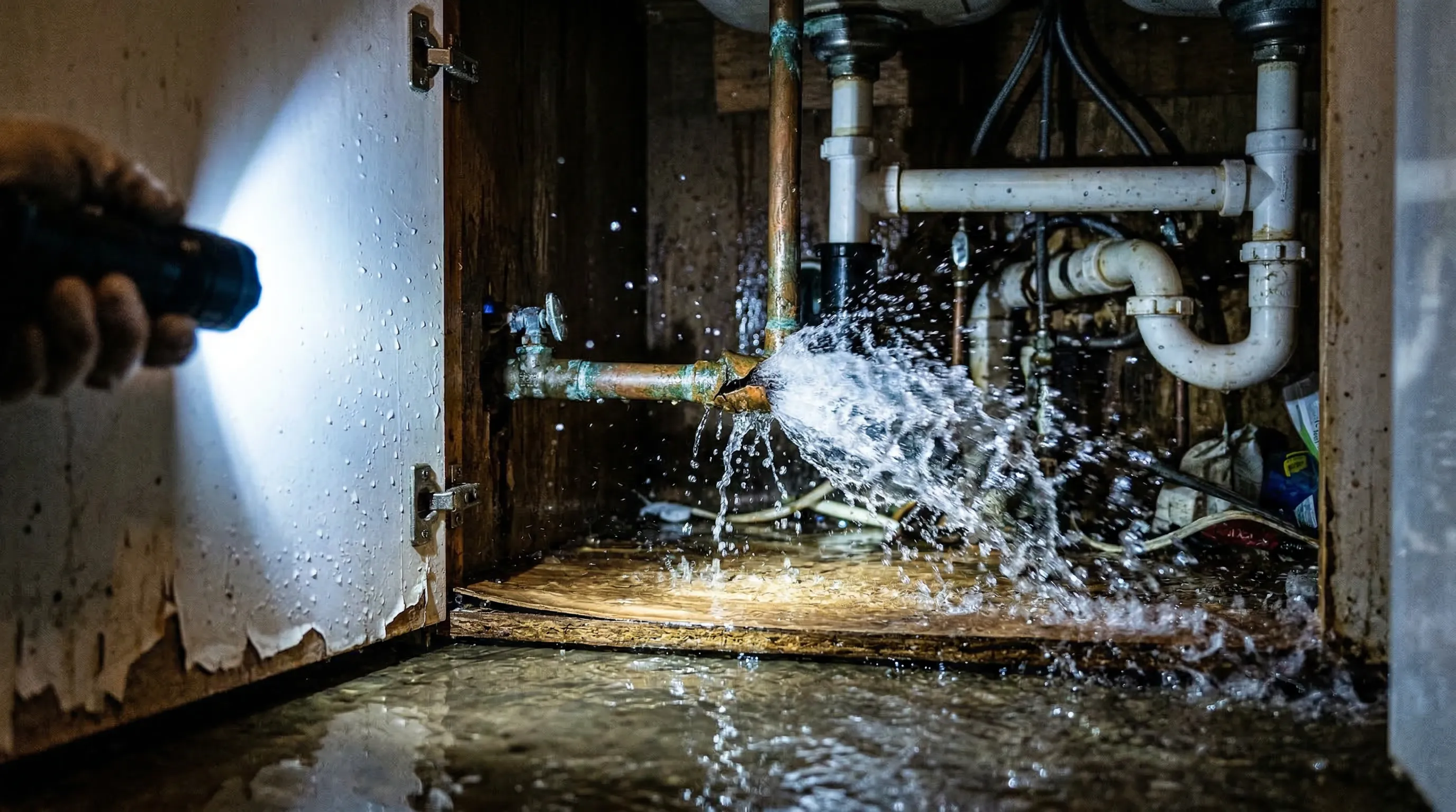Burst copper pipe under a kitchen sink spraying water, a common covered water damage scenario