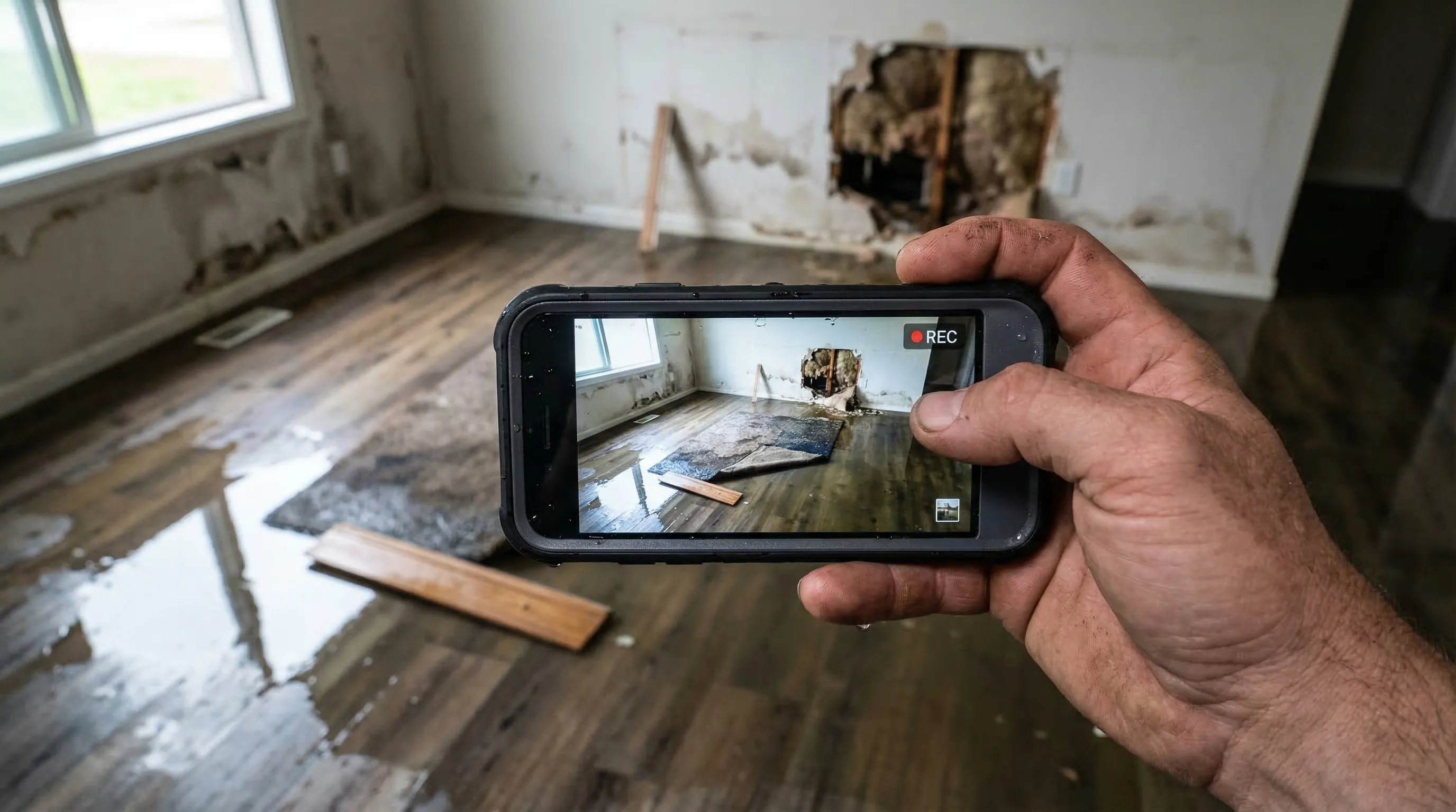 Homeowner photographing water damage with smartphone for insurance documentation in a flooded room