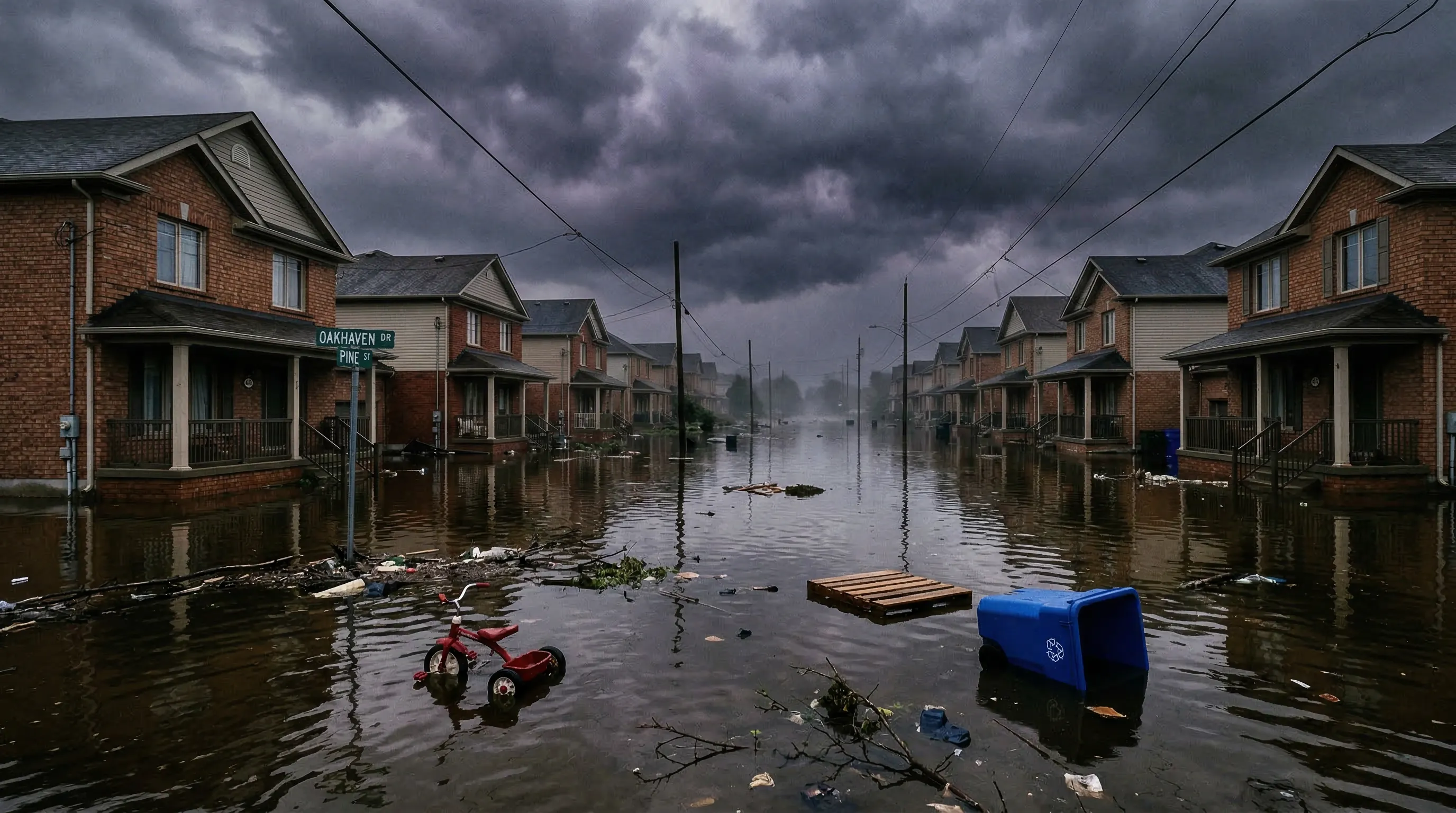 Flooded suburban street with rising water reaching home foundations, requiring separate flood insurance