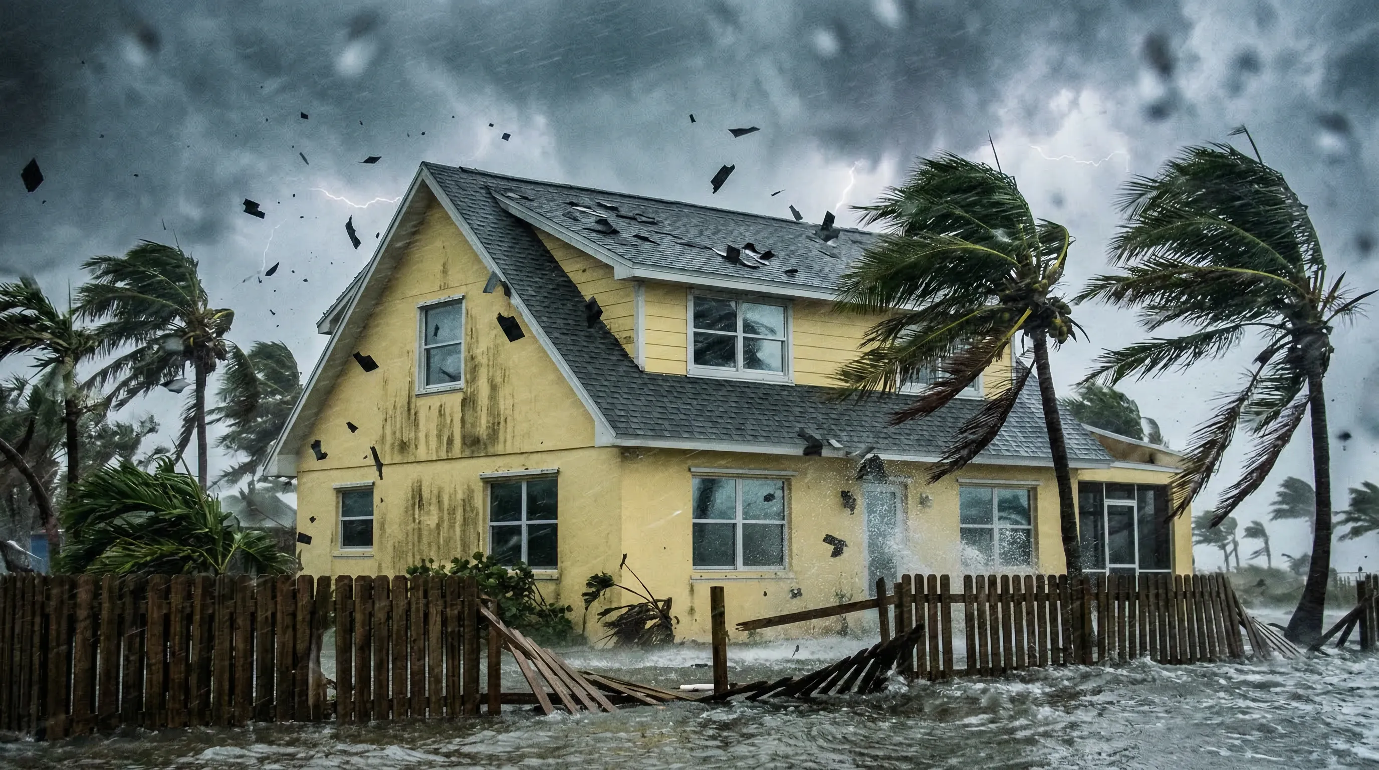 Florida coastal home during a hurricane with strong wind, rain, and palm trees bending