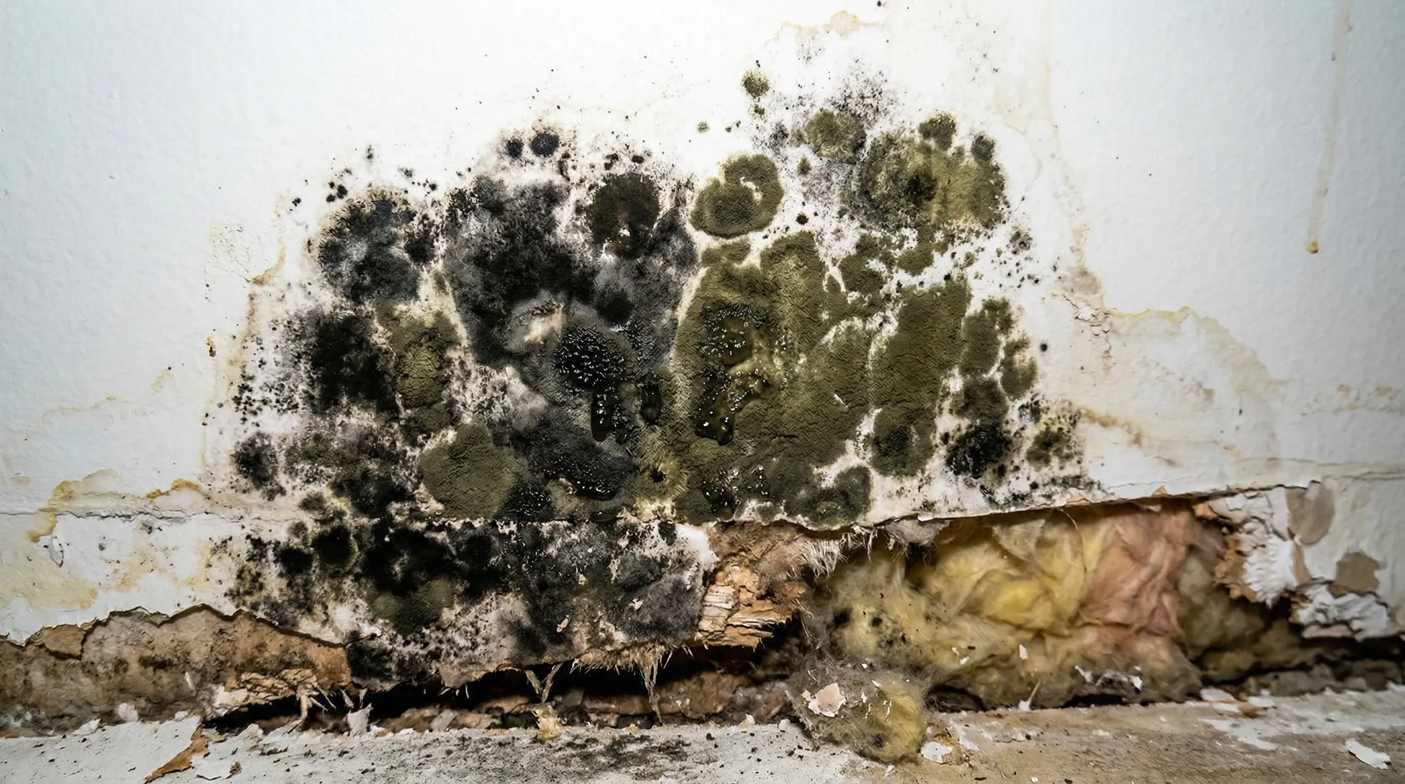 Mold growing on wet drywall behind removed baseboards, showing black and green growth from delayed water damage mitigation