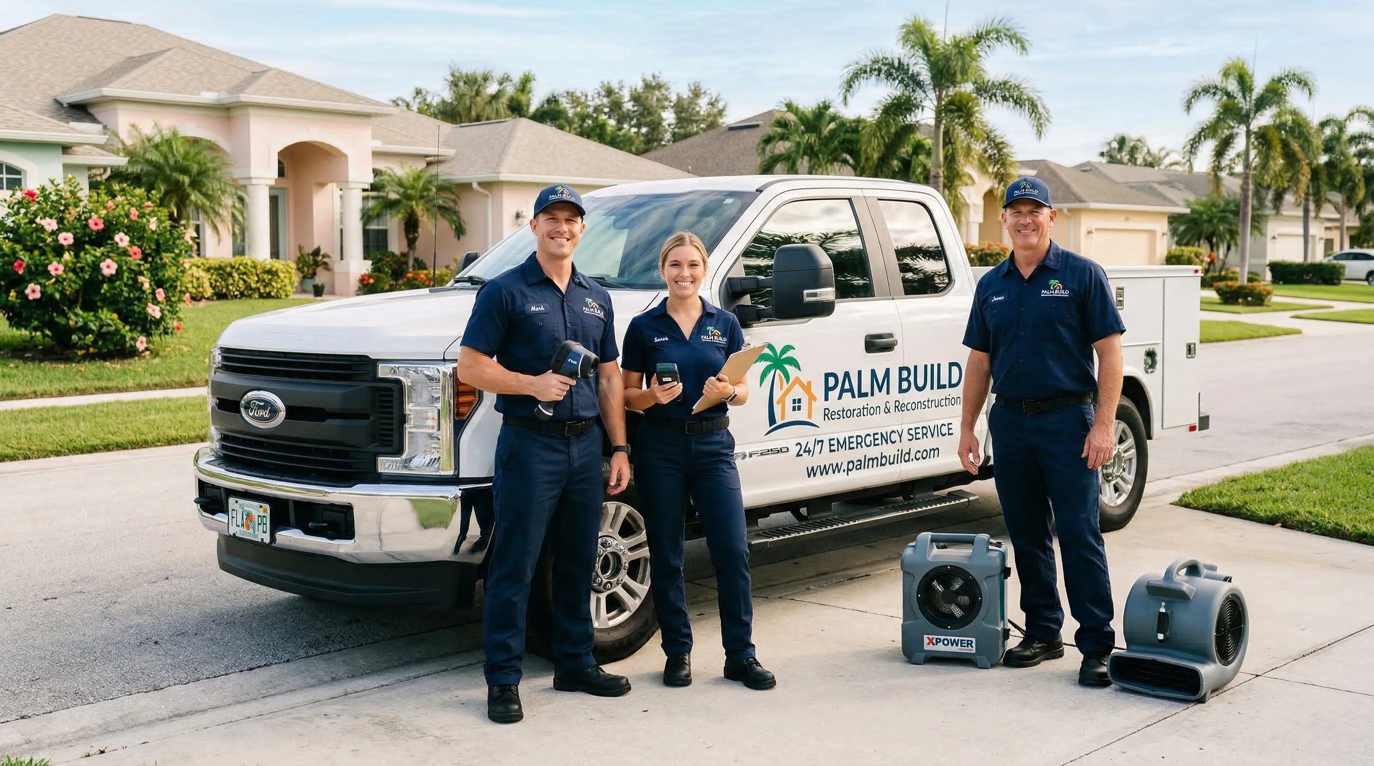 Palm Build restoration team in navy uniforms standing next to branded service truck, ready for emergency response