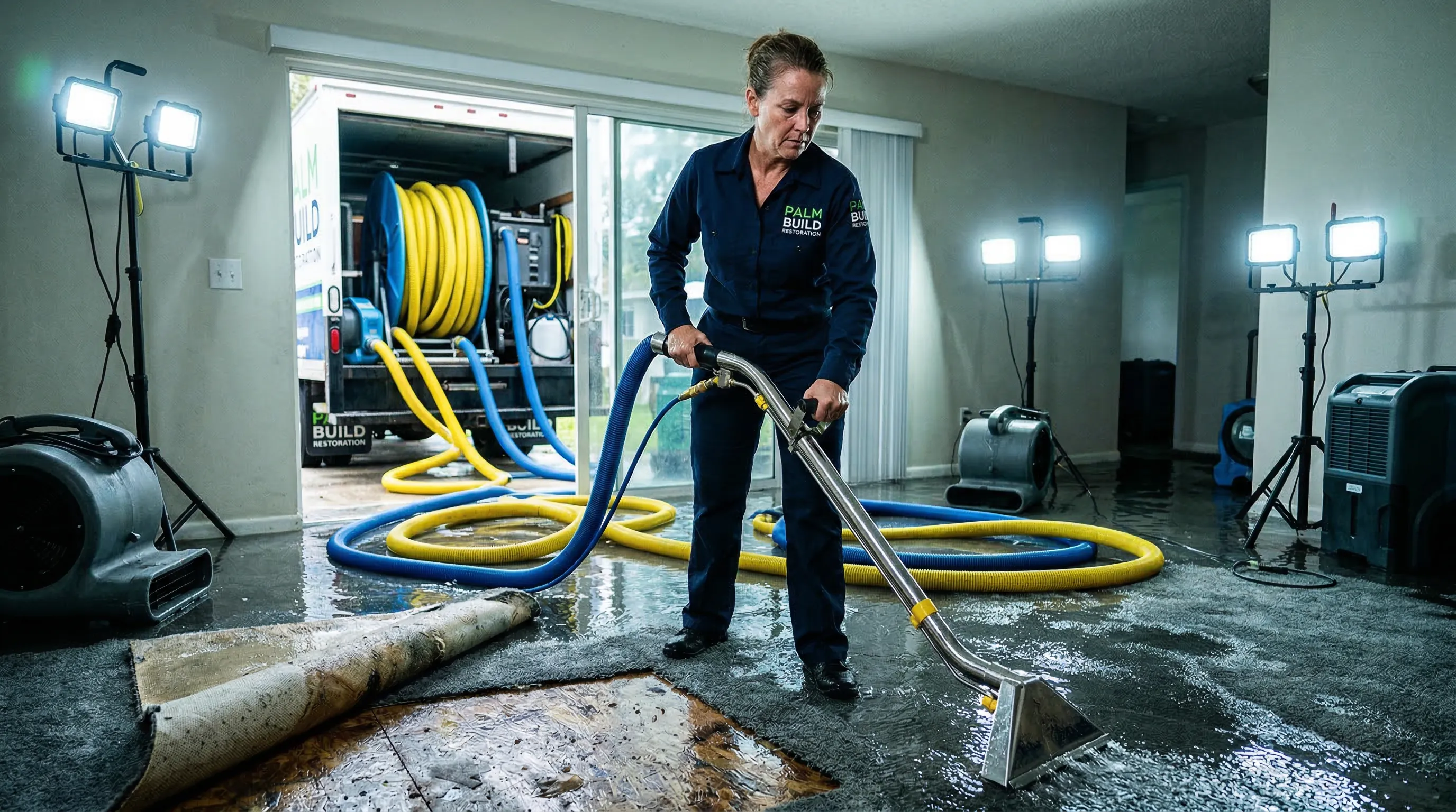 Palm Build restoration technician operating industrial water extraction equipment in a flooded living room