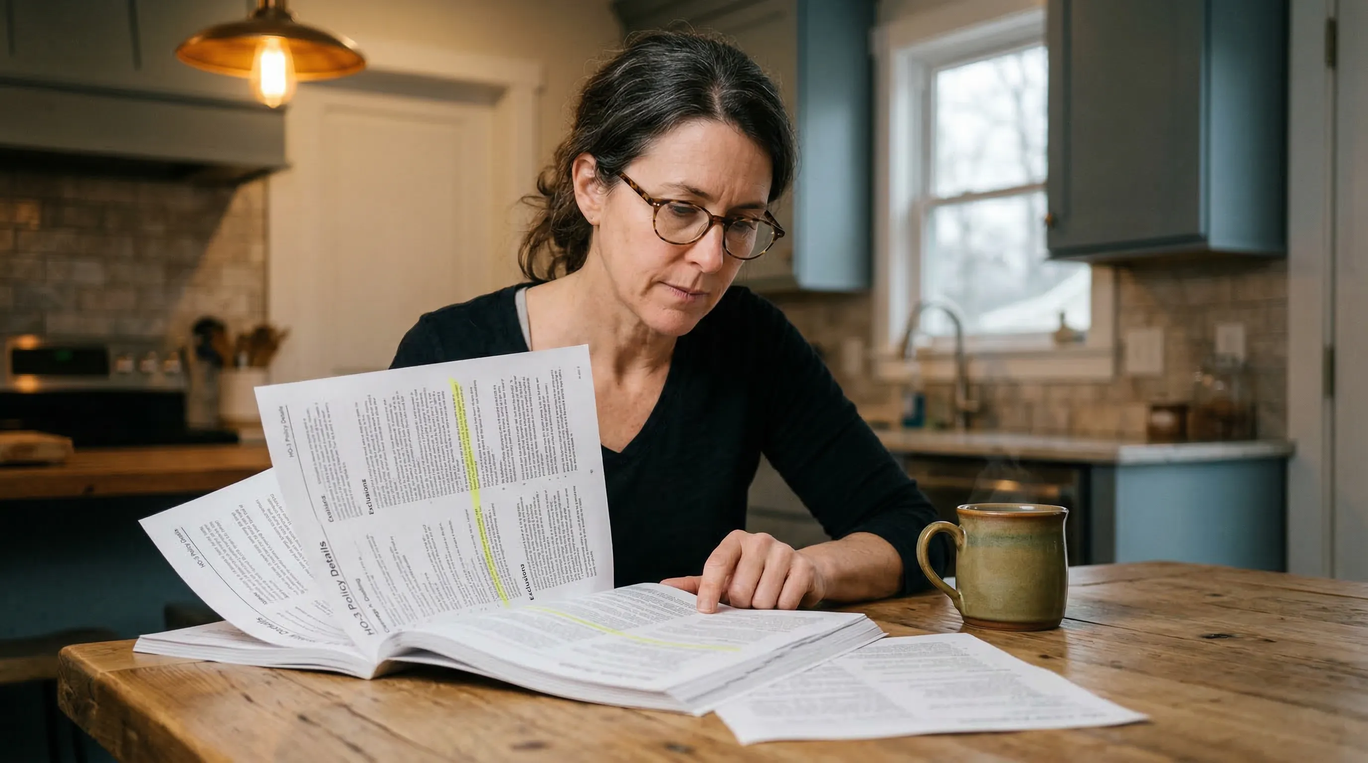 Homeowner at kitchen table reviewing homeowners insurance policy documents with highlighted coverage sections