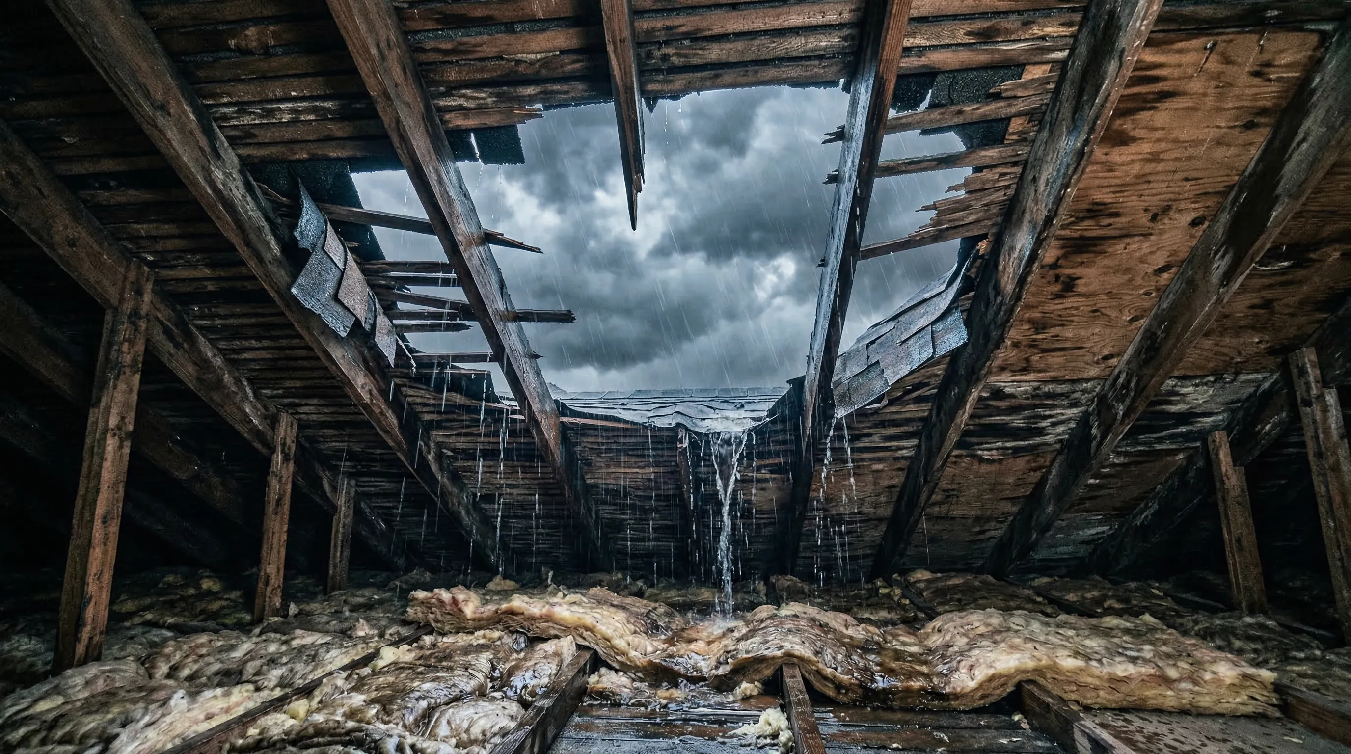 Storm-damaged roof with missing shingles and water leaking into attic space below during rainfall