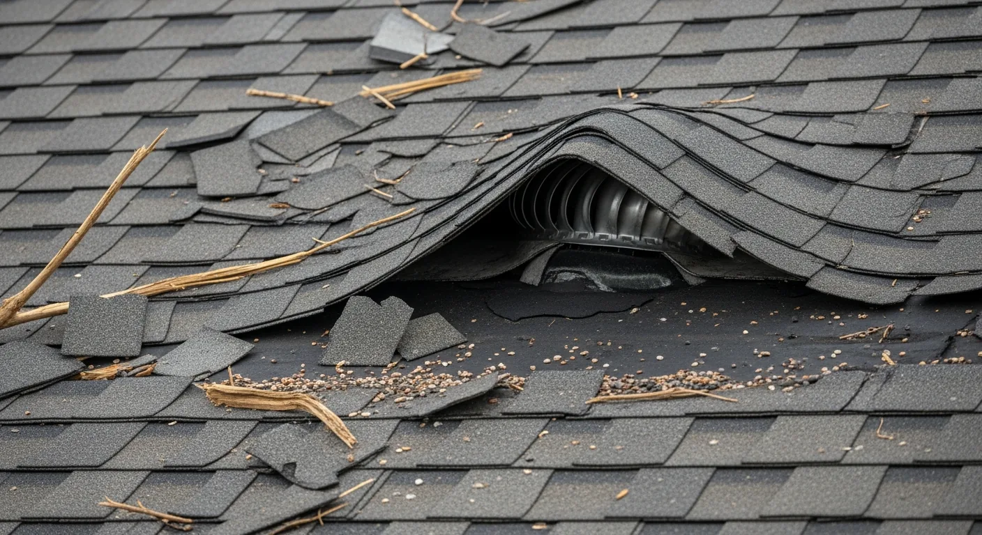 Close-up rooftop photograph of asphalt-shingle hurricane damage — three-tab shingles torn loose and lifted, several missing exposing dark asphalt-felt underlayment, the shingles around a vent pipe penetration bent backward, weathered debris and small roofing-granule scatter on the roof