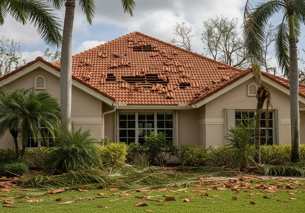 Florida stucco home with a terracotta-tile roof showing hurricane wind damage — multiple tiles lifted, displaced, and missing across the visible slope, broken tile fragments and ripped palm fronds scattered across the front lawn