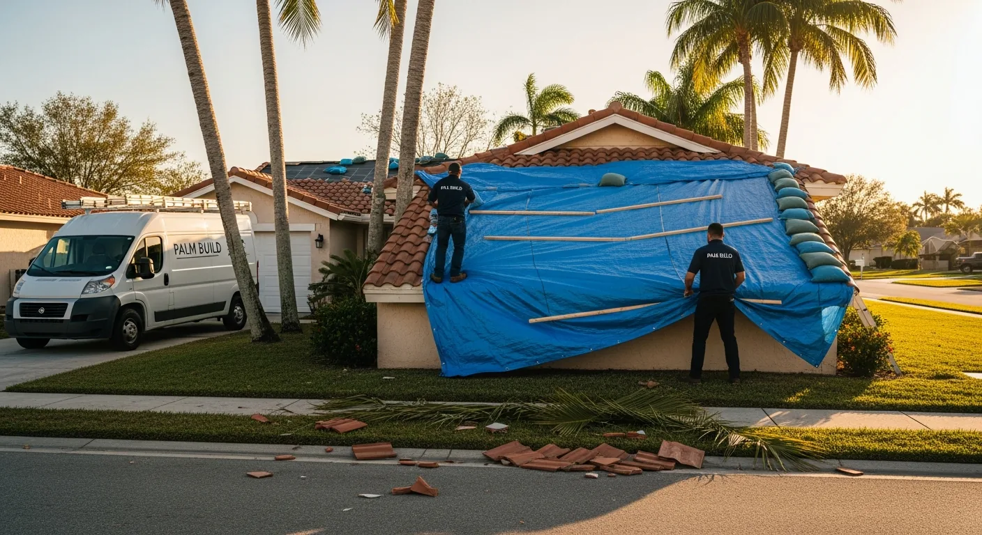 Wide cinematic golden-hour photograph of a single-story Florida stucco home with a damaged terracotta-tile roof, two Palm Build technicians in navy embroidered polos deploying a heavy-duty bright blue emergency tarp across the breach with sandbags and 2x4 wooden battens at the edges, a clean white Palm Build branded service van in the driveway, palm trees flanking the property, broken tile fragments and palm fronds scattered on the front lawn