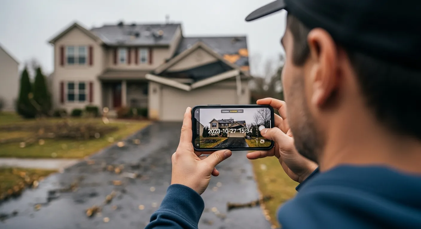 Over-the-shoulder photograph of a homeowner in their 40s photographing the storm-damaged roof of their two-story suburban home using a smartphone held in landscape orientation, the phone screen showing the camera live view of the damaged roof along with a clear timestamp overlay, wet asphalt driveway and scattered fallen branches in the foreground, gray overcast post-storm sky